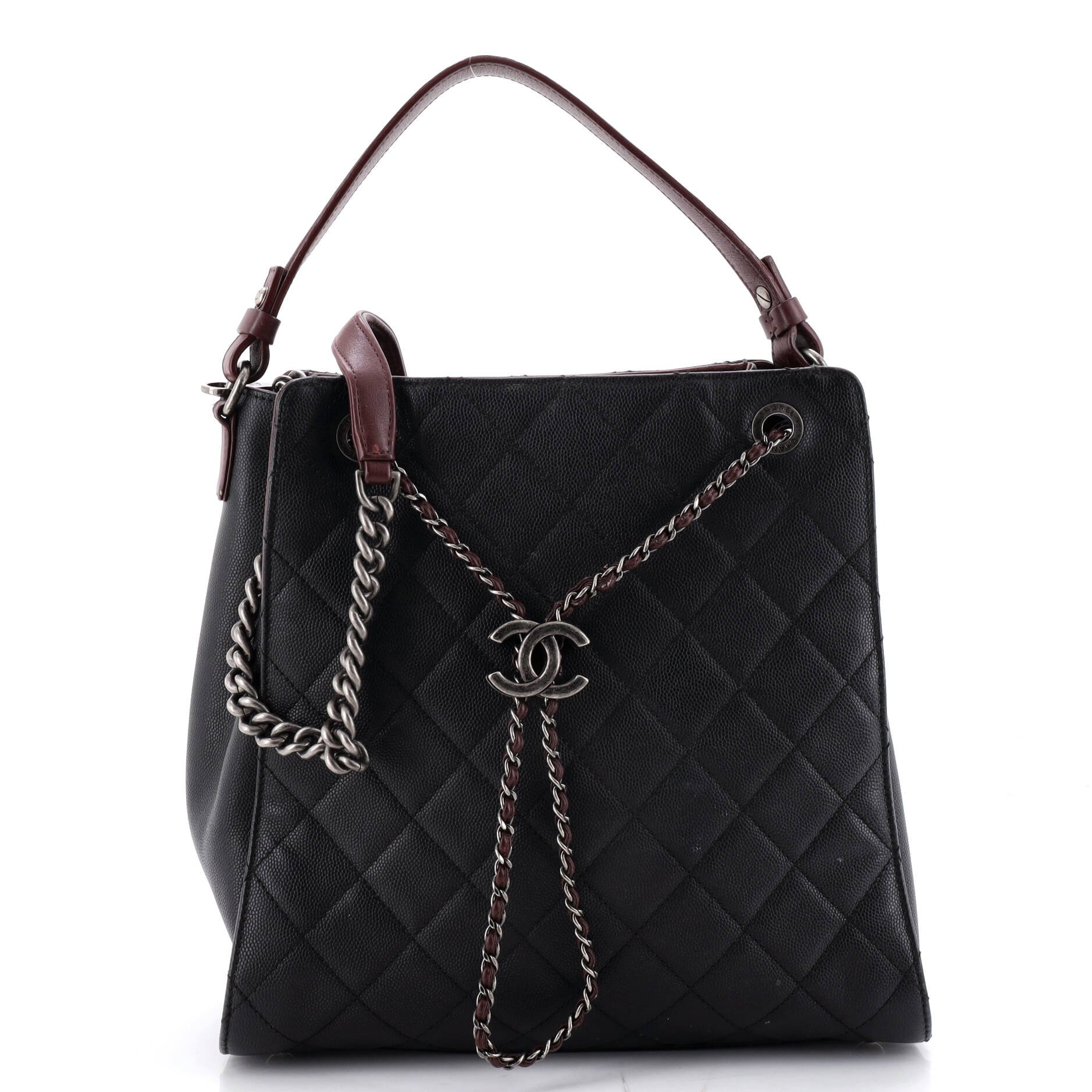 Top Handle CC Drawstring Bucket Bag Quilted Caviar Medium