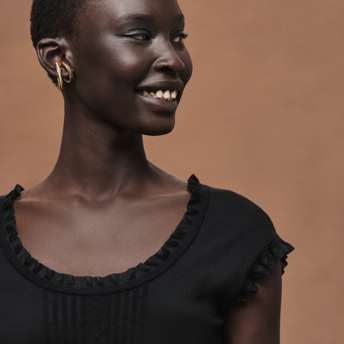 Noir Short-sleeve Sweater With Ruffled Details