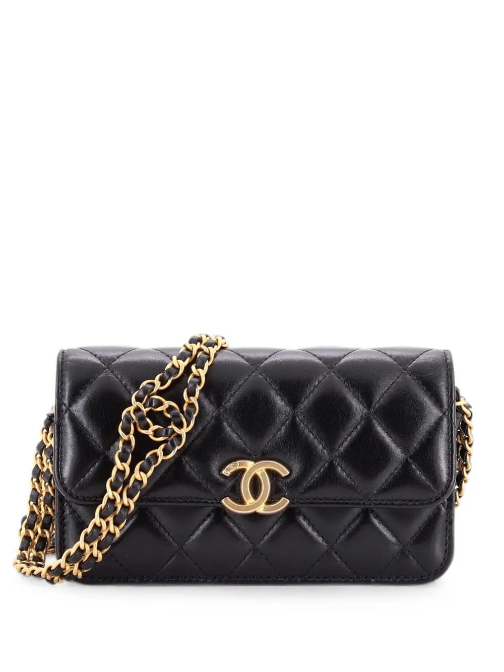 CC Woven Flap Phone Holder with Chain Quilted Shiny Lambskin shoulder bag