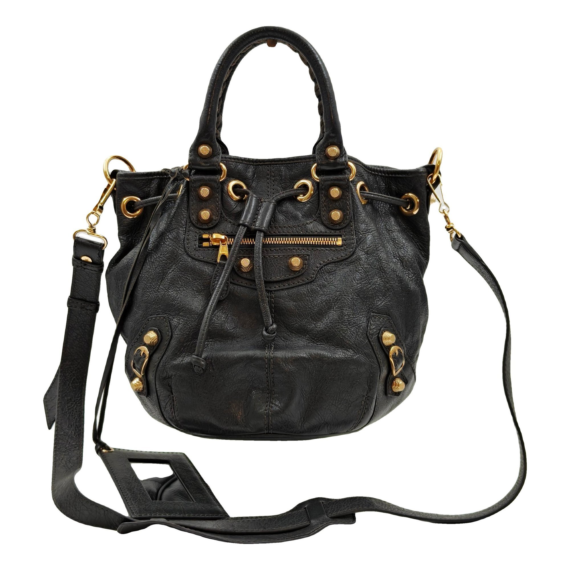 Pompon leather handbag