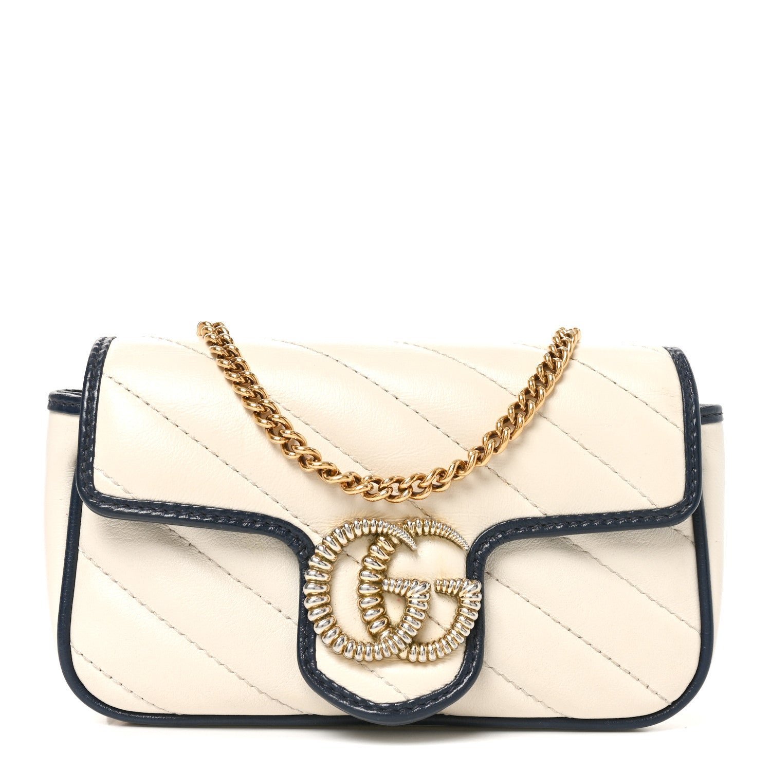 Vintage Effect Calfskin Matelasse Diagonal Super Mini Torchon GG Marmont Shoulder Bag Mystic White Blue Agata