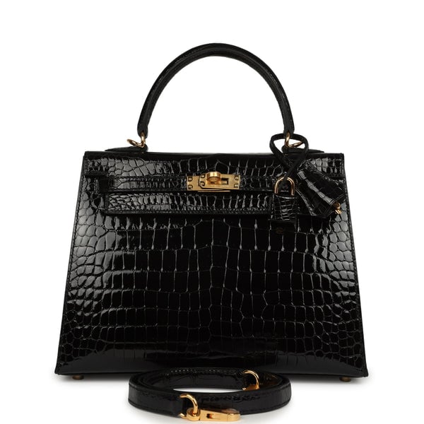 Hermes Hermes Kelly Sellier 25 Black Shiny Porosus Crocodile Gold Hardware