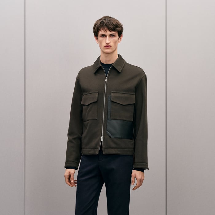 Taupe Cashmere Zipped Straight Cut Jacket With Leather Details