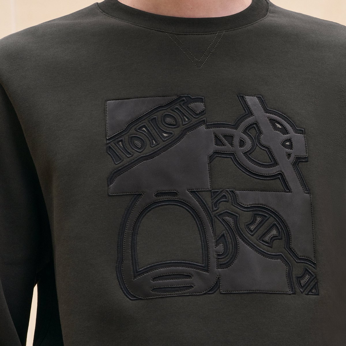 Kaki "Metallerie Au Carre" Crewneck Sweater With Leather Detail