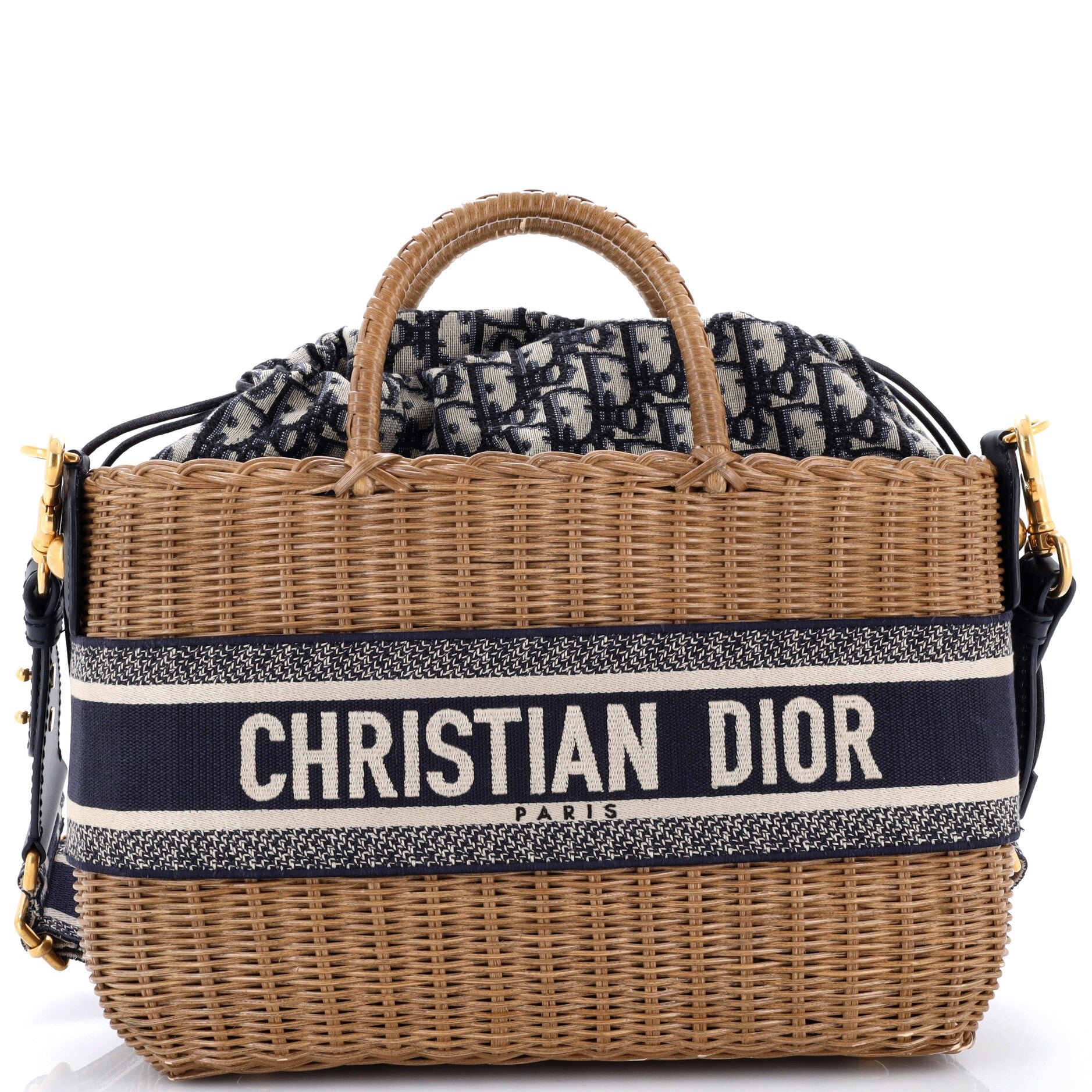 Basket Bag Wicker and Oblique Canvas Large