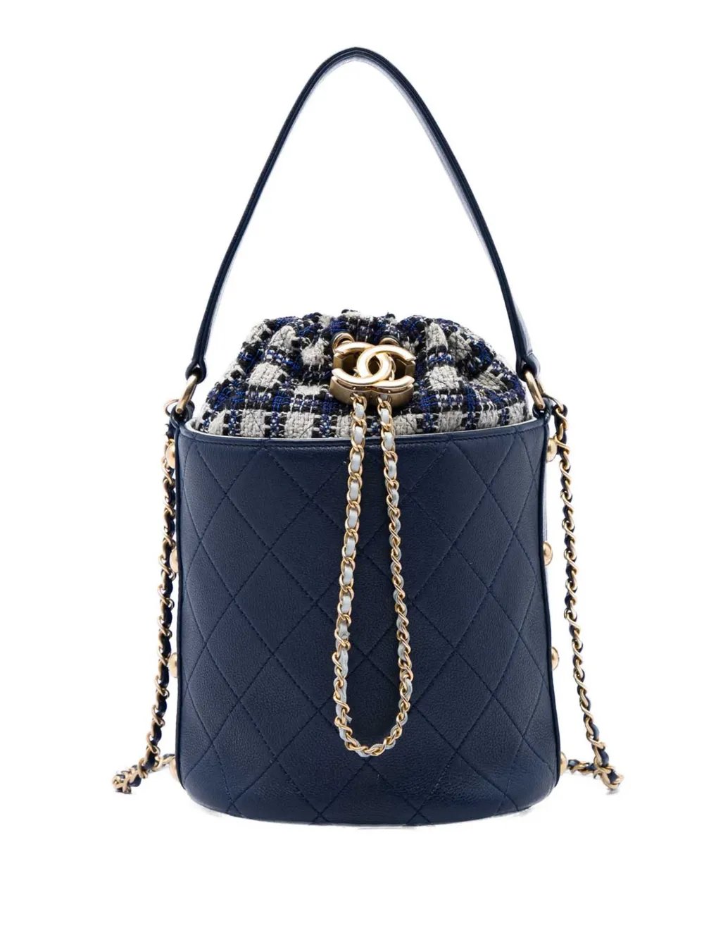 2019 Medium CC Calfskin and Tweed Drawstring Bucket Bag satchel