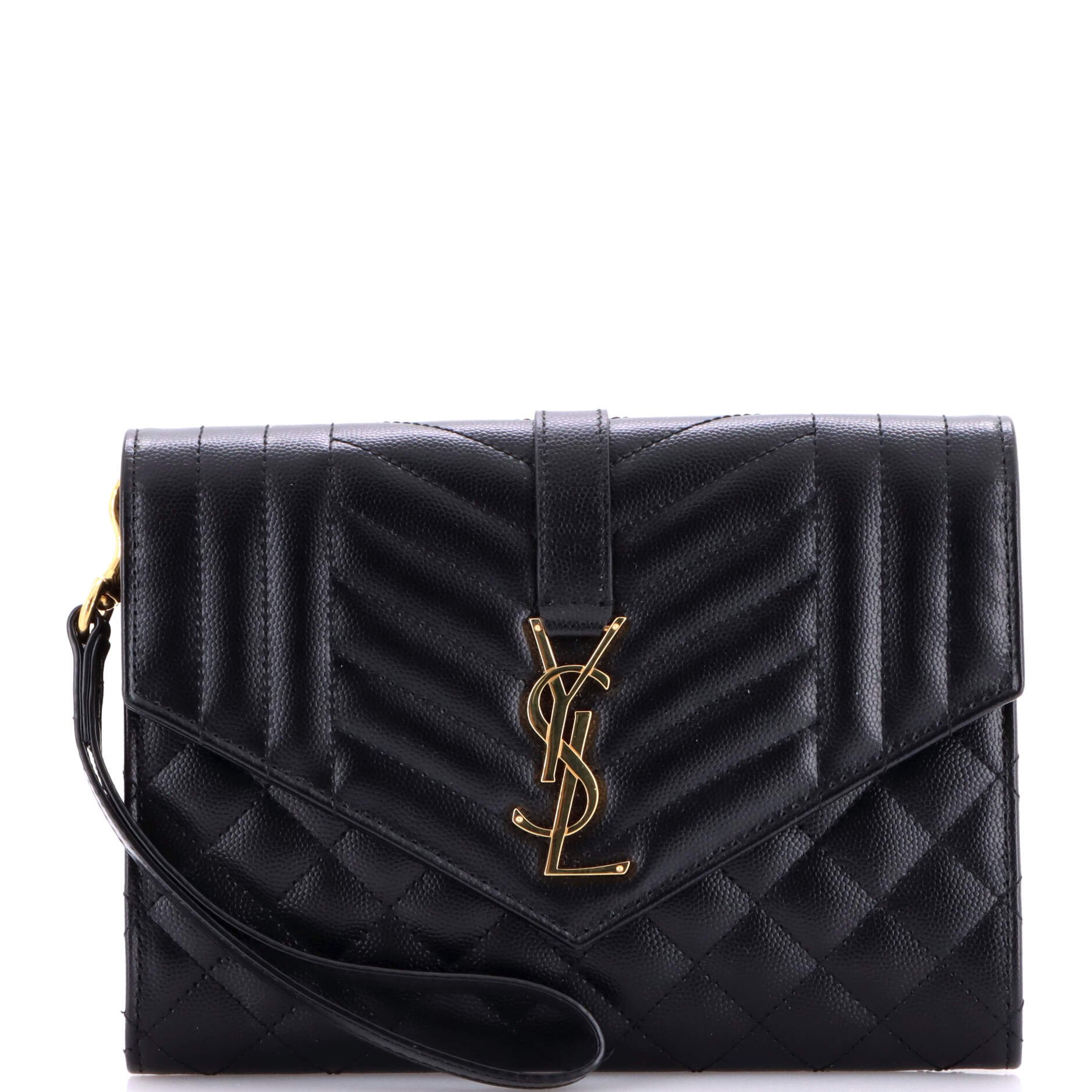 Saint Laurent Classic Monogram Envelope Wristlet Clutch Matelasse Chevron Leather