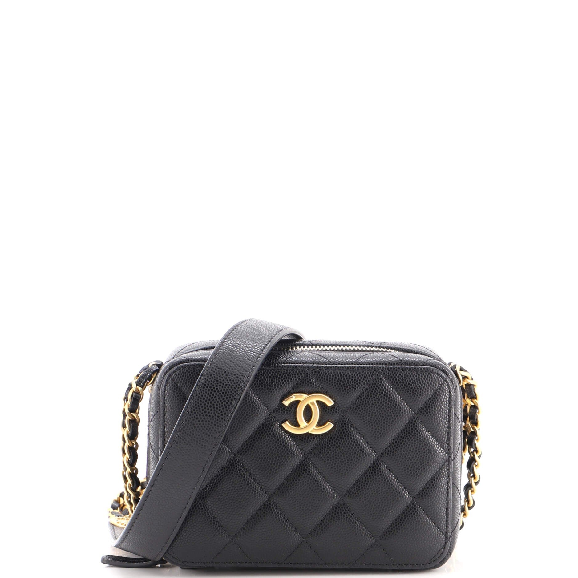 Twist Your Buttons Zip Around Vanity Case with Chain Quilted Caviar