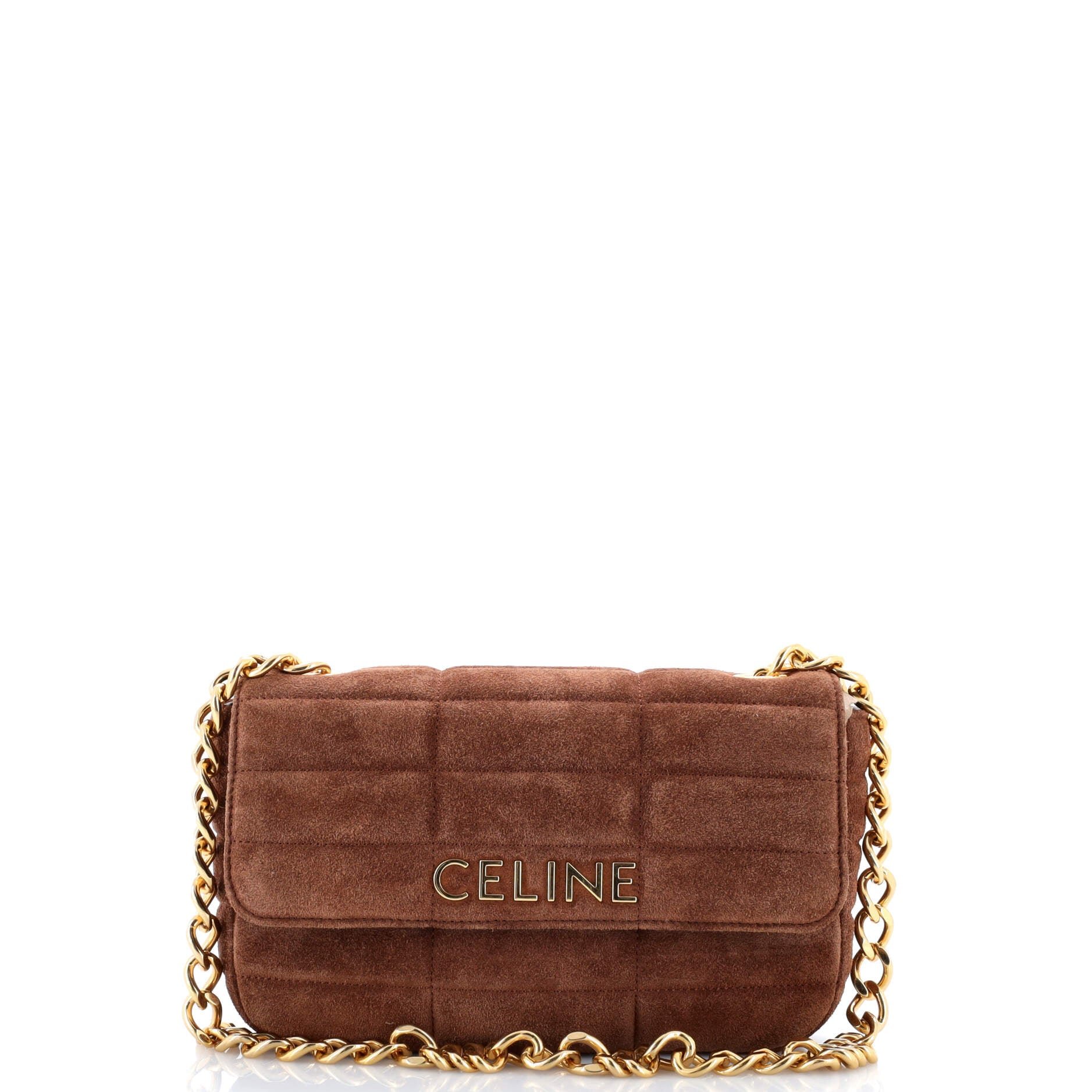 Celine Logo Chain Flap Bag Quilted Suede Small