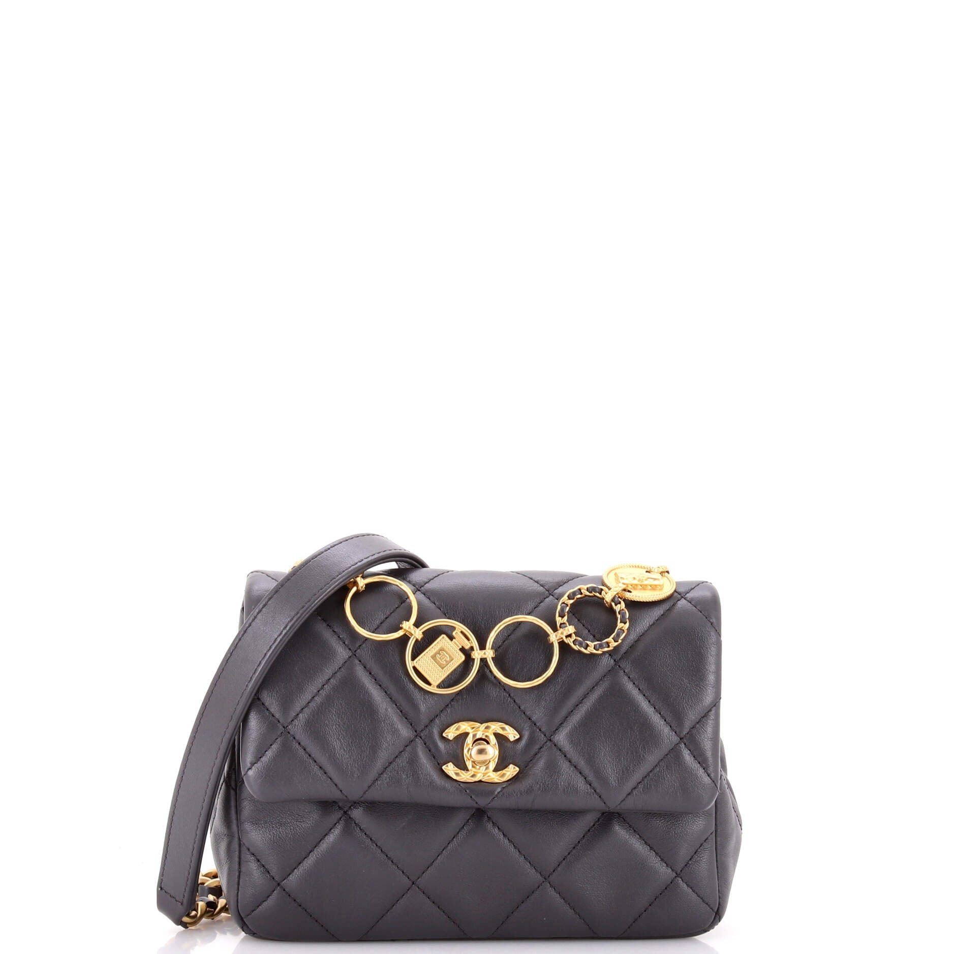 CC Charm Chain Strap Flap Shoulder Bag Quilted Lambskin Mini