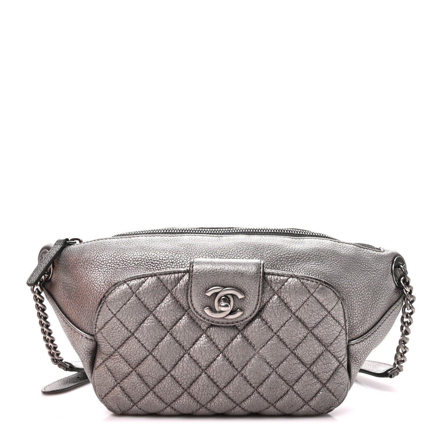 Chanel Metallic Grained Calfskin Quilted Casual Rock Waist Bag Fanny Pack Charcoal