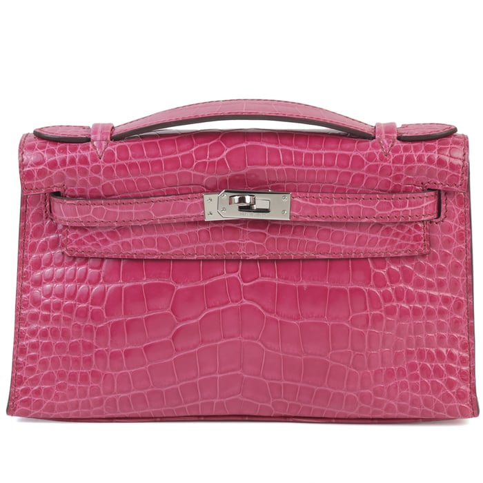 Hermes Good ( Rank AB) HERMÈS Kelly Pochette Rose Tyrien (E5) Shiny Alligator Palladium hardware Square M (2009)