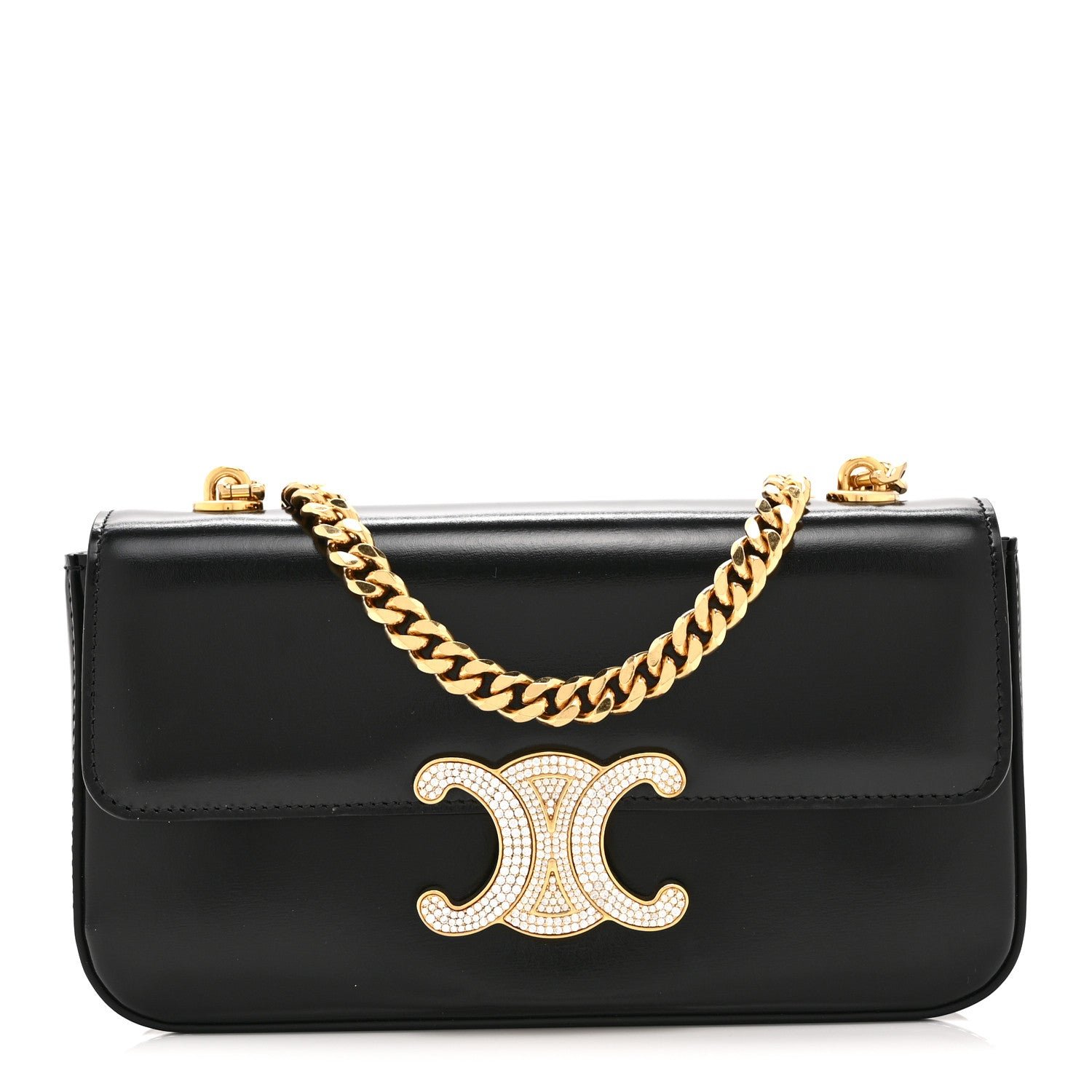 Celine Shiny Calfskin Triomphe Crystals Chain Shoulder Bag Black