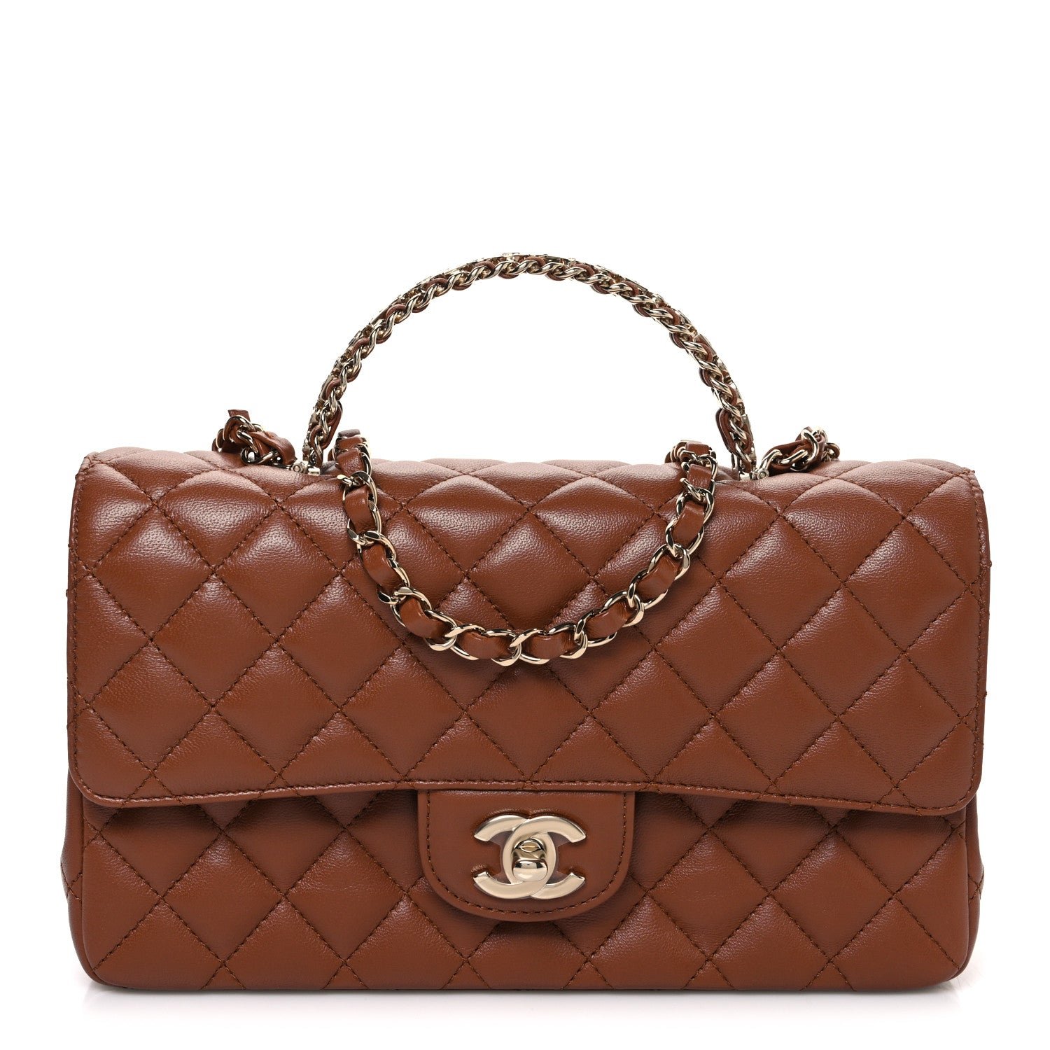 Chanel Lambskin Quilted Medium Crystal Top Handle Rectangular Flap Brown