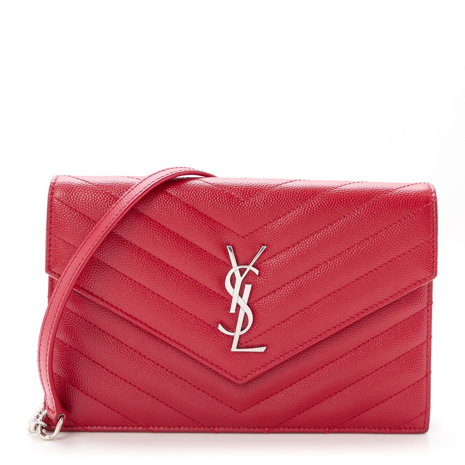 Saint Laurent Grain De Poudre Matelasse Chevron Monogram Envelope Chain Wallet New Red