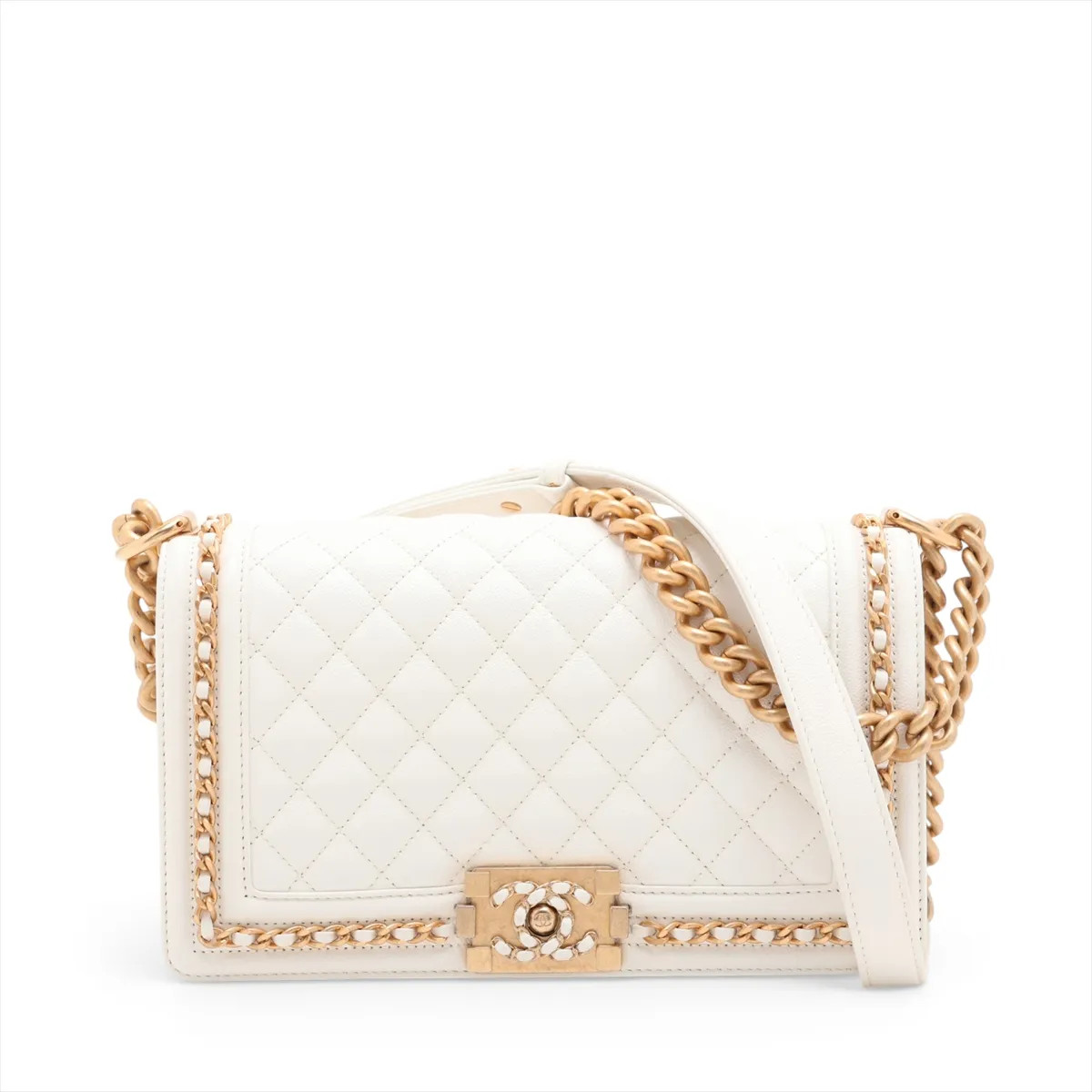 Chanel BOY CHANEL 25 Caviar Skin Chain Shoulder Bag White Gold Metal Fittings ra