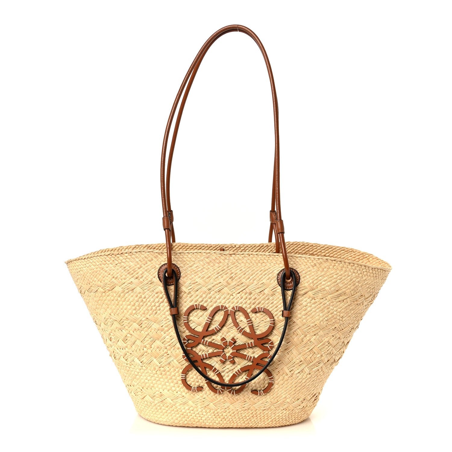 Loewe Calfskin Raffia Medium Anagram Basket Tote Bag Natural Tan