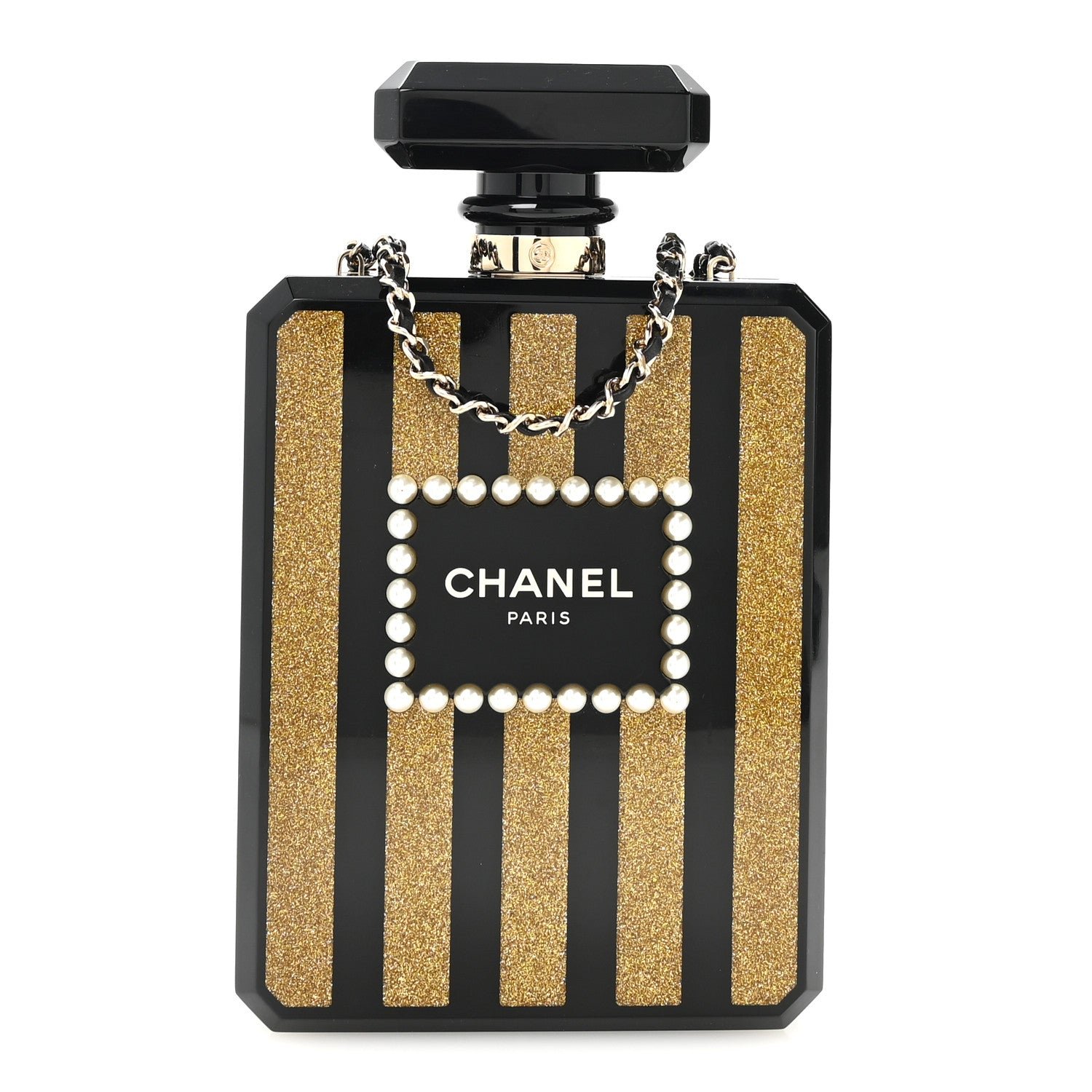 Chanel Plexiglass Perfume Bottle Clutch Black Gold
