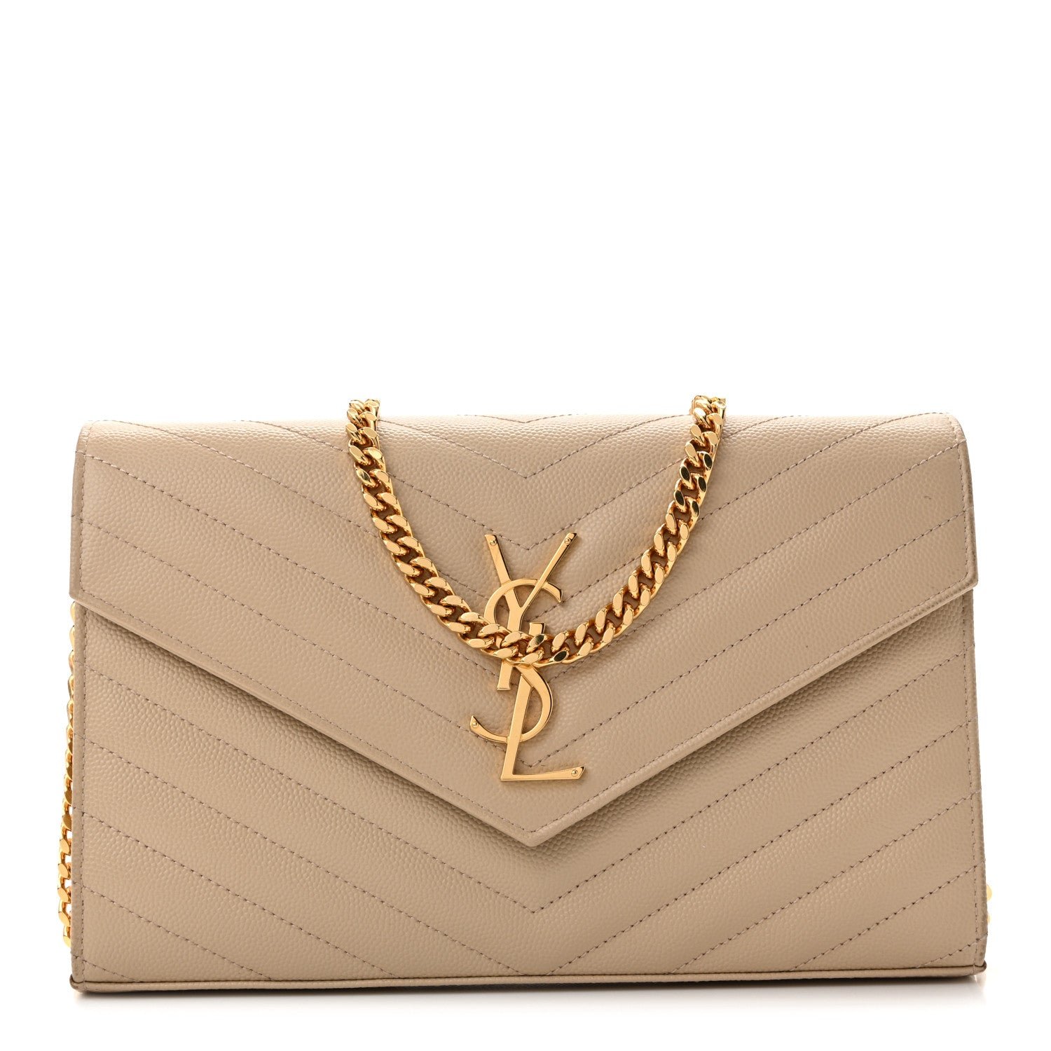 Saint Laurent Grain De Poudre Matelasse Chevron Monogram Chain Wallet Dark Beige