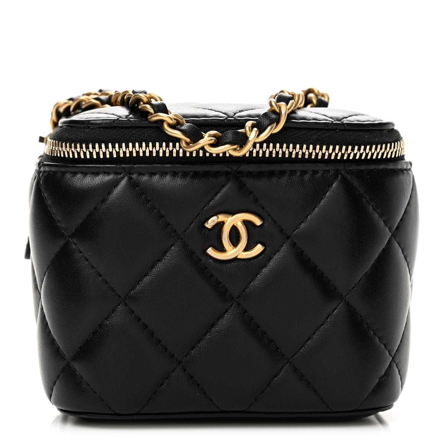 Chanel Lambskin Quilted Mini Pearl Crush Vanity Case With Chain Black