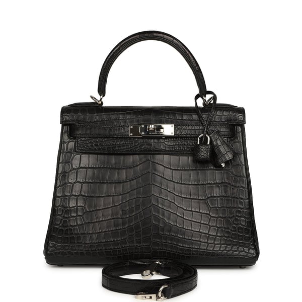 Pre-owned Hermes Kelly Retourne 28 Black Matte Niloticus Crocodile Palladium Hardware