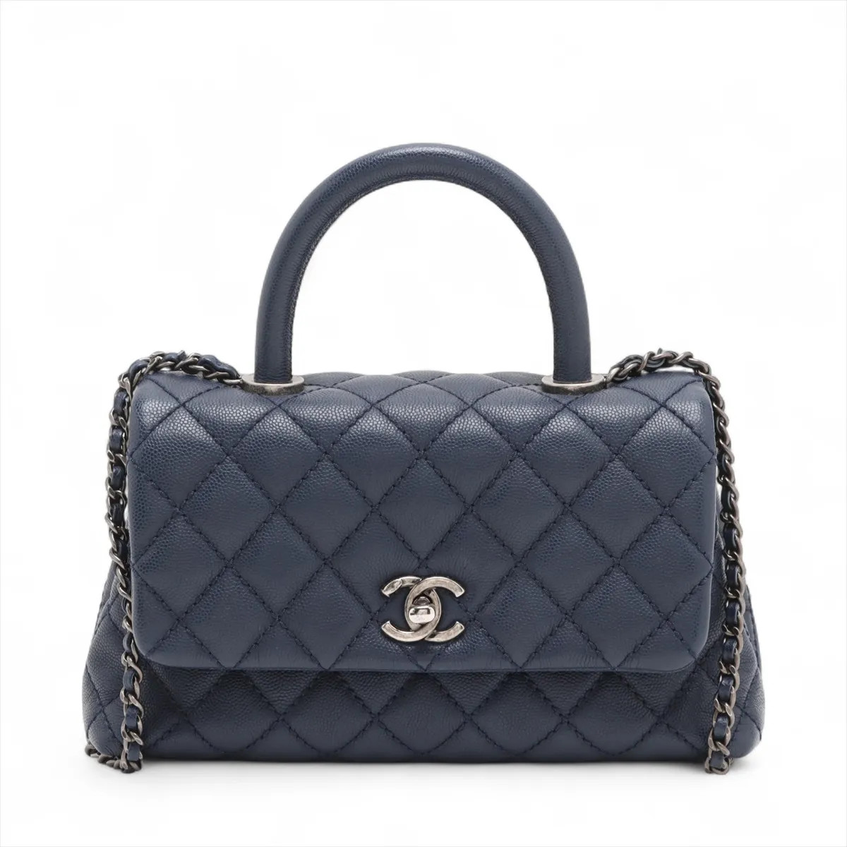 Chanel Coco handle 24 XS Caviar Skin 2 Way Handbag Navy Blue Gunmetal Fittings 2