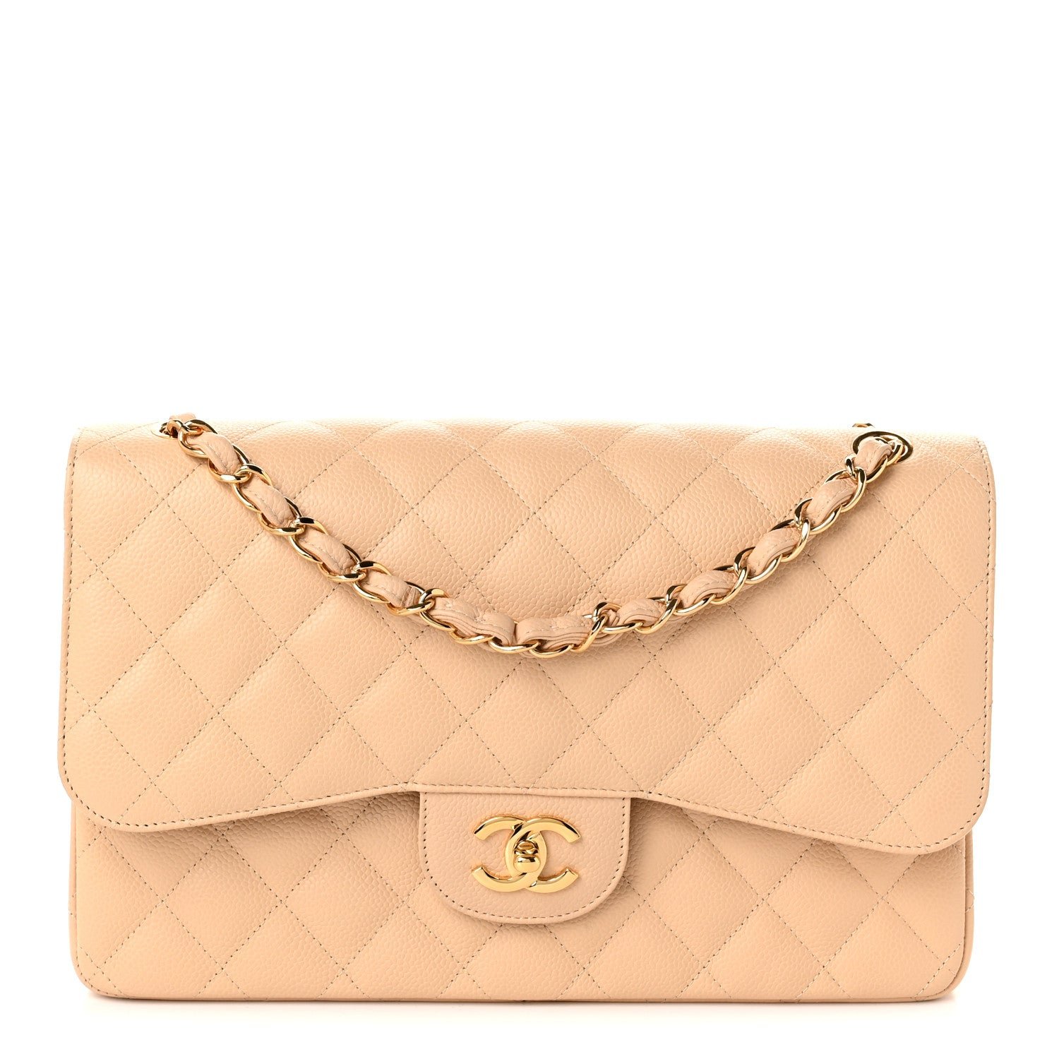 Chanel Caviar Quilted Jumbo Double Flap Beige