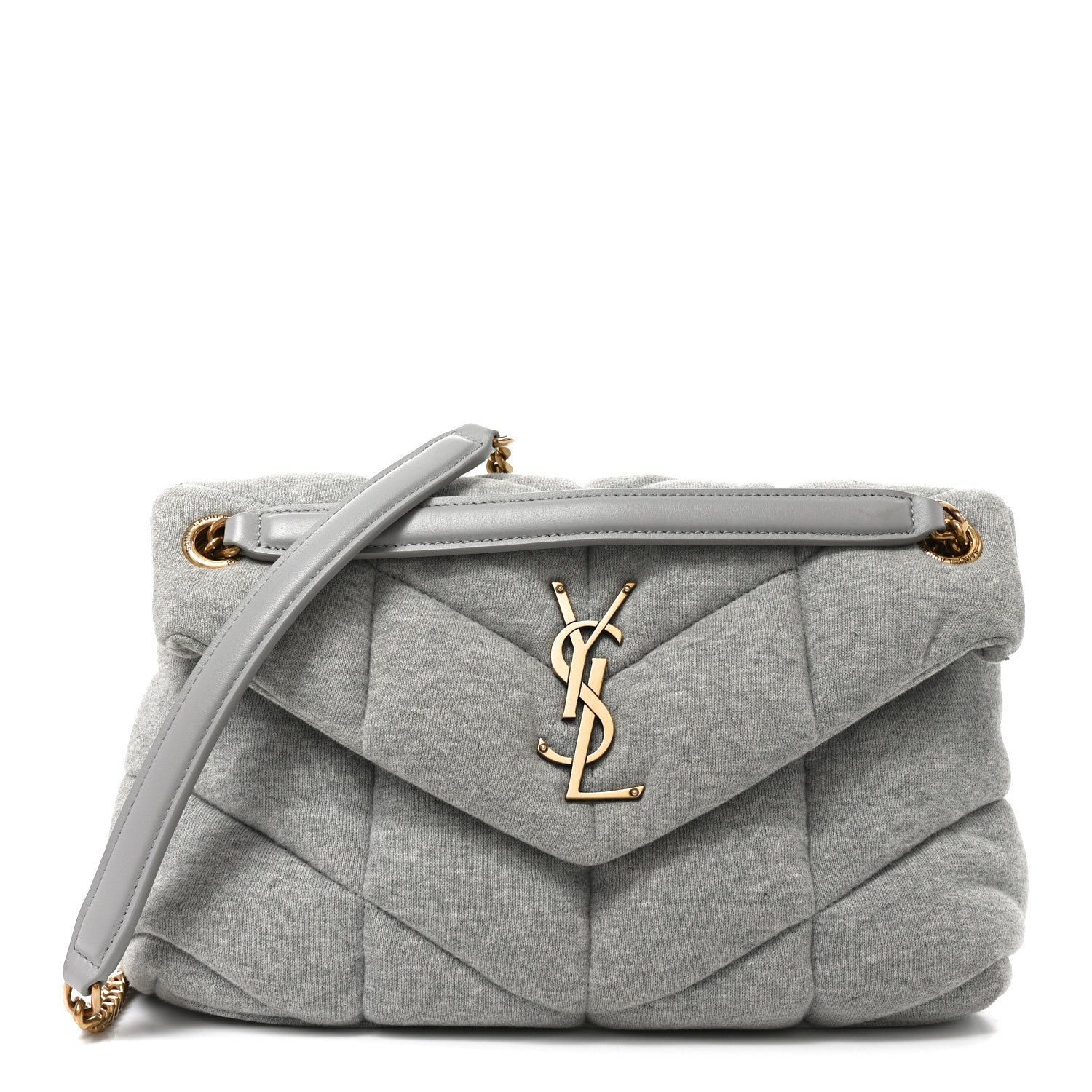 Saint Laurent Jersey Quilted Small Loulou Puffer Monogram Chain Satchel Chalk Beige