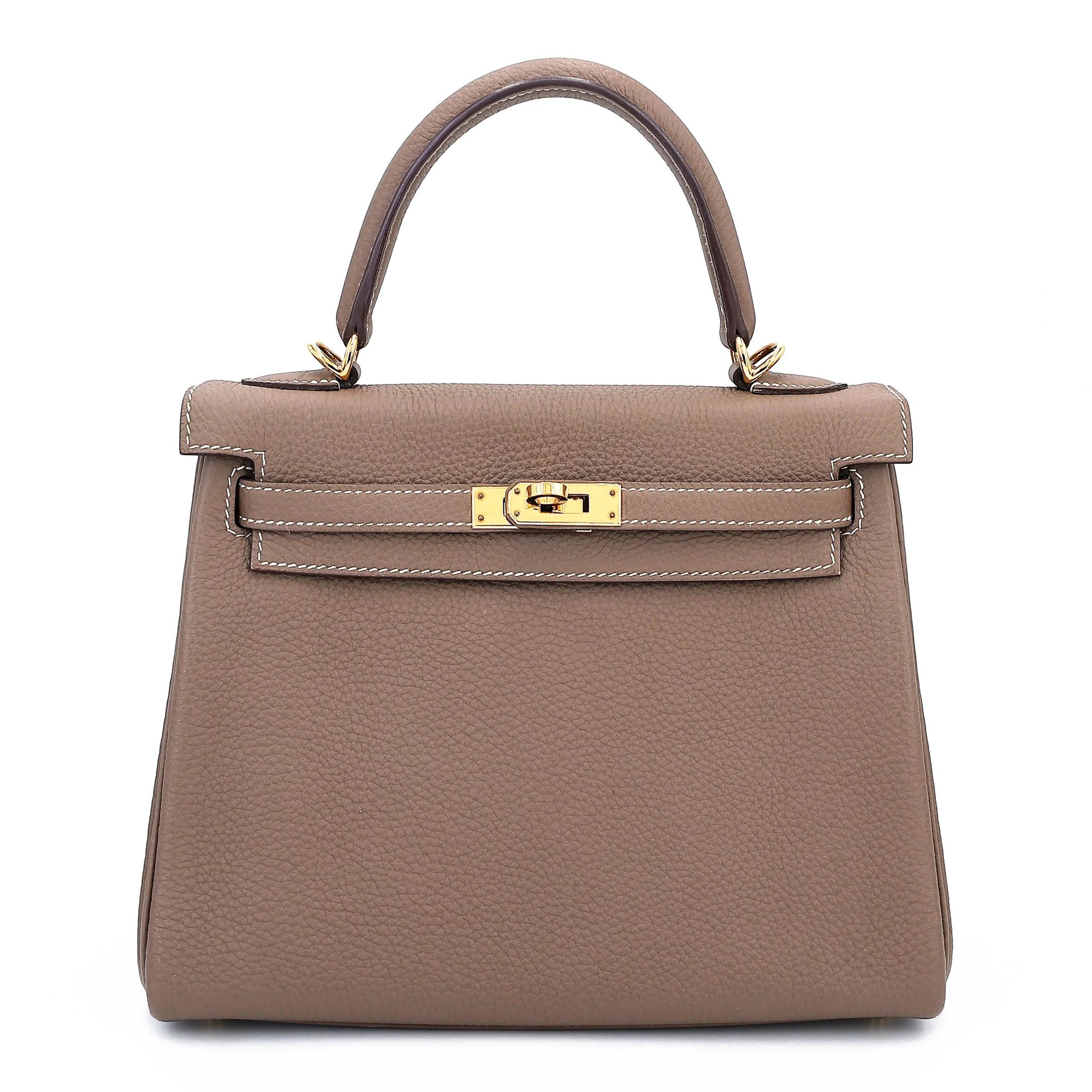 Very Good ( Rank A) HERMÈS Kelly 25 Etoupe (18) Togo Gold hardware D (2019)