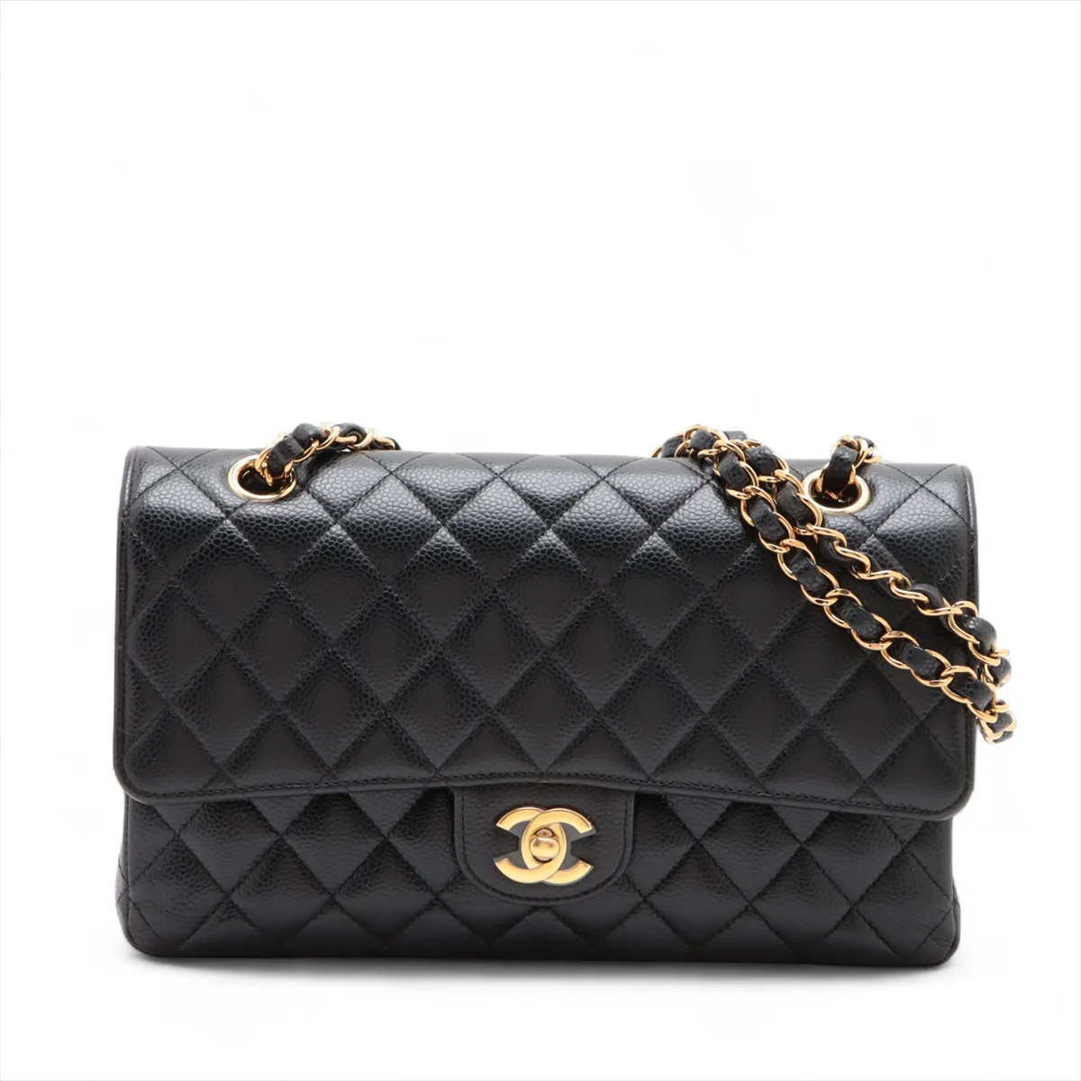 Chanel Matelasse 25 Caviar Skin Double Flap Double Chain Bag Black Gold Metal Fi