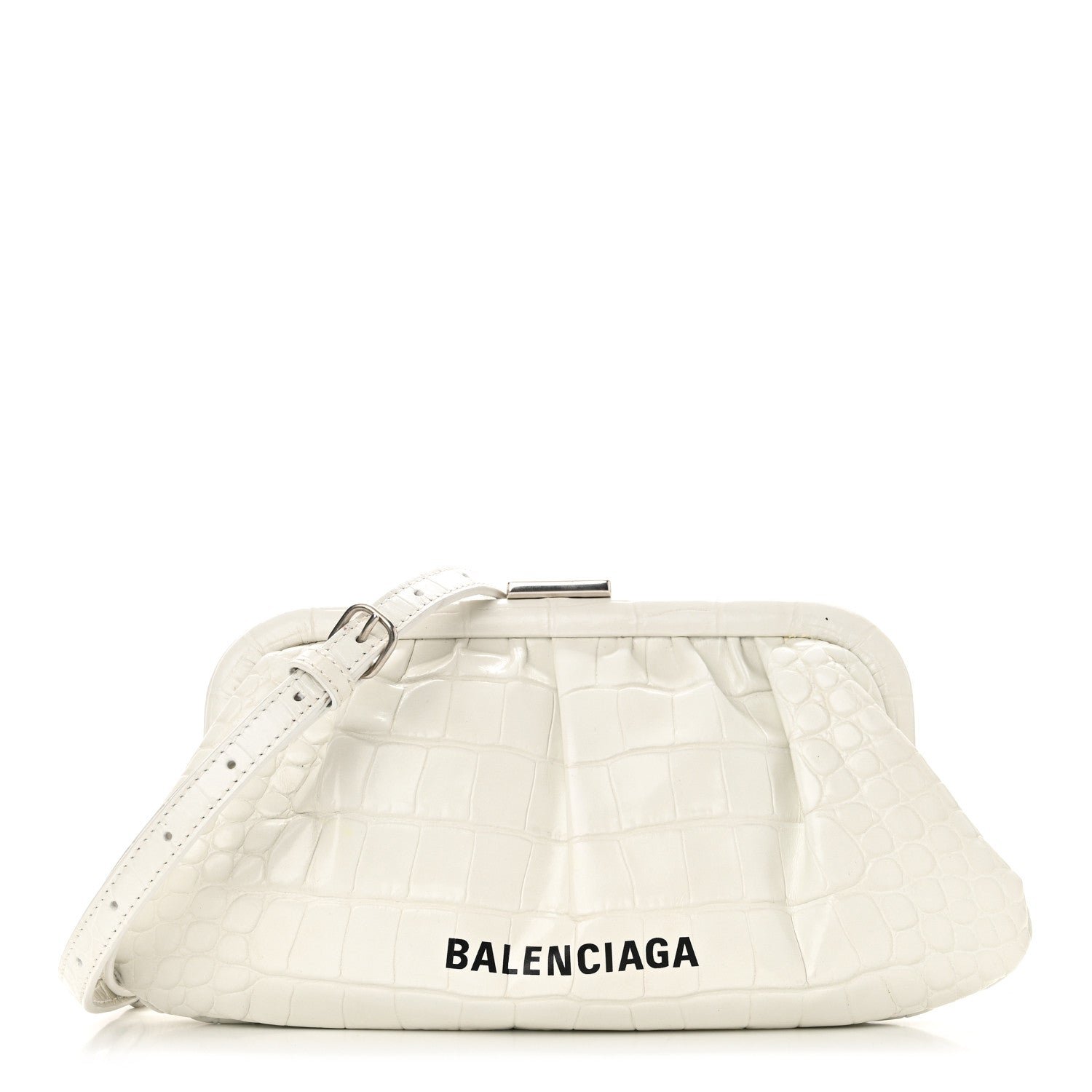 Balenciaga Shiny Supple Calfskin Logo Crocodile Embossed Cloud Clutch XS White