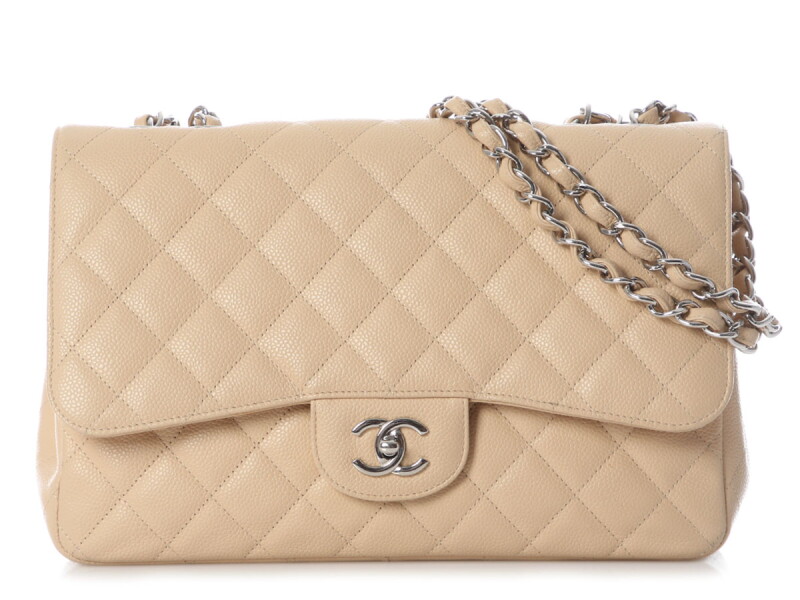 Beige Quilted Caviar Jumbo Classic Single Flap Bag Silver Hardware, 2009-2010