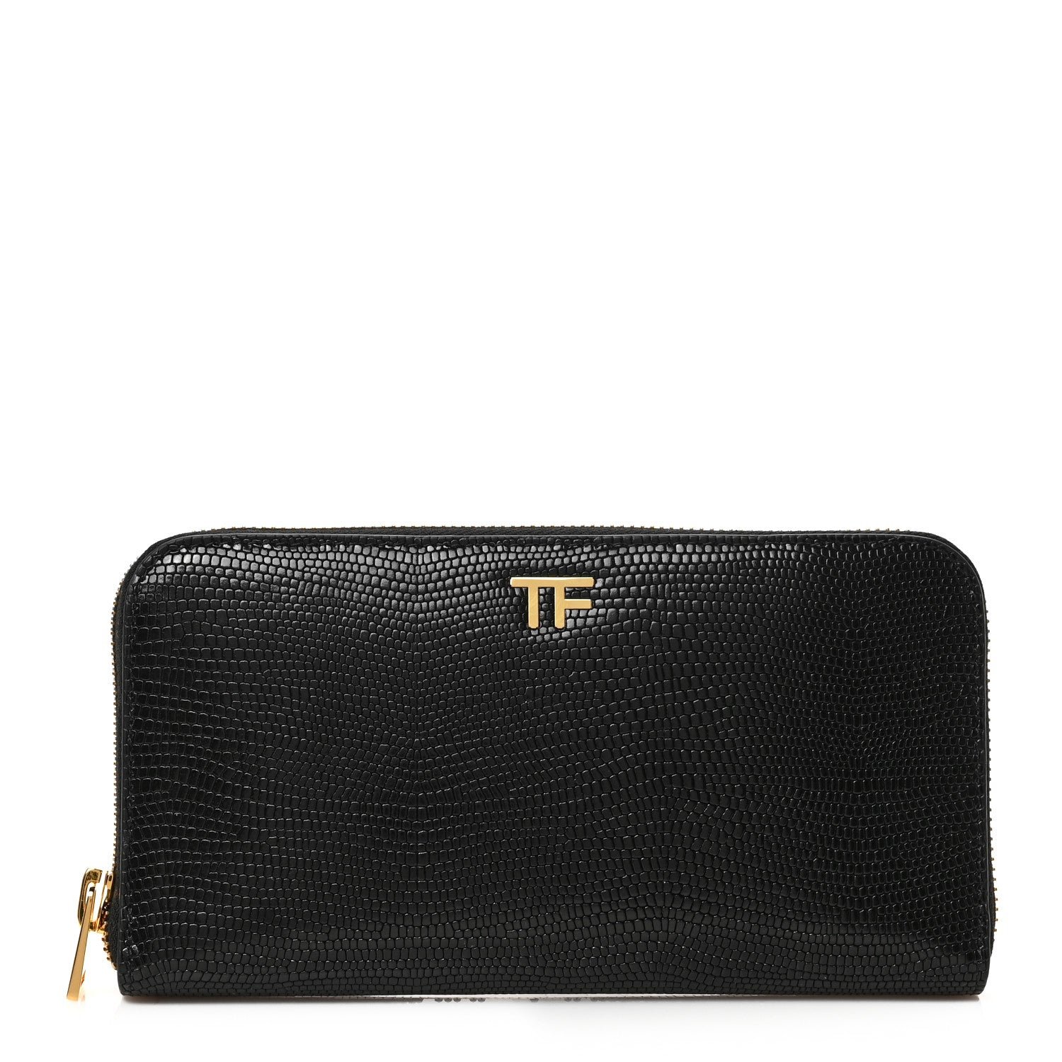 Tom Ford Calfskin Lizard Embossed TF Zip Around Wallet Black
