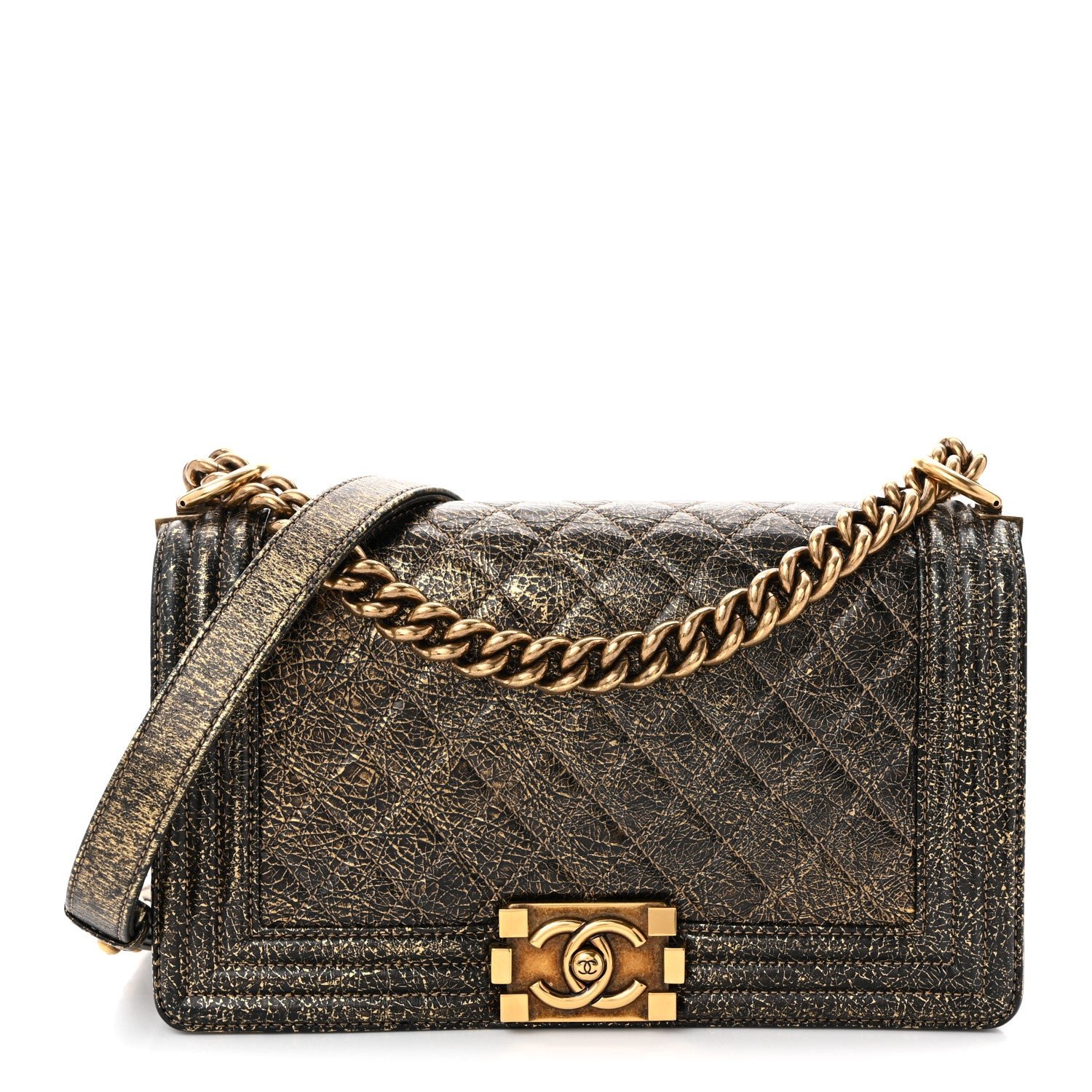 Chanel Cracked Metallic Calfskin Quilted Medium Boy Flap Gold