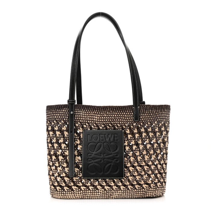 Loewe Calfskin Raffia Paula's Ibiza Small Basket Tote Natural Navy Blue