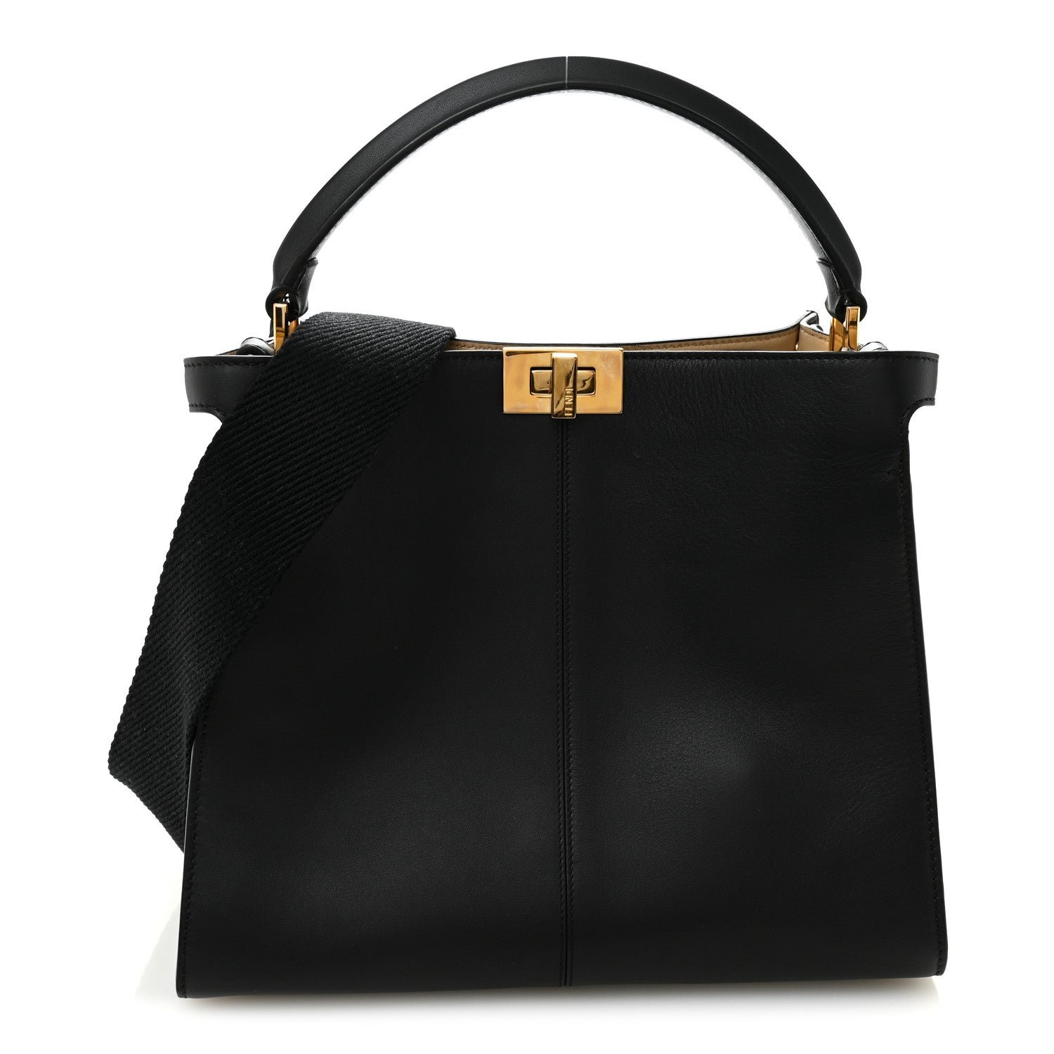 Fendi Vitello Seta Glazed Fabric FF 1974 Medium Peekaboo X-Lite Black Mogano Panna