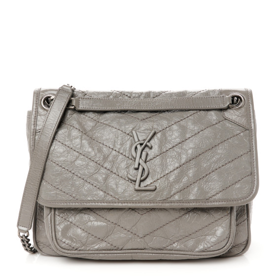 Saint Laurent Crinkled Calfskin Matelasse Monogram Medium Niki Chain Satchel Fog