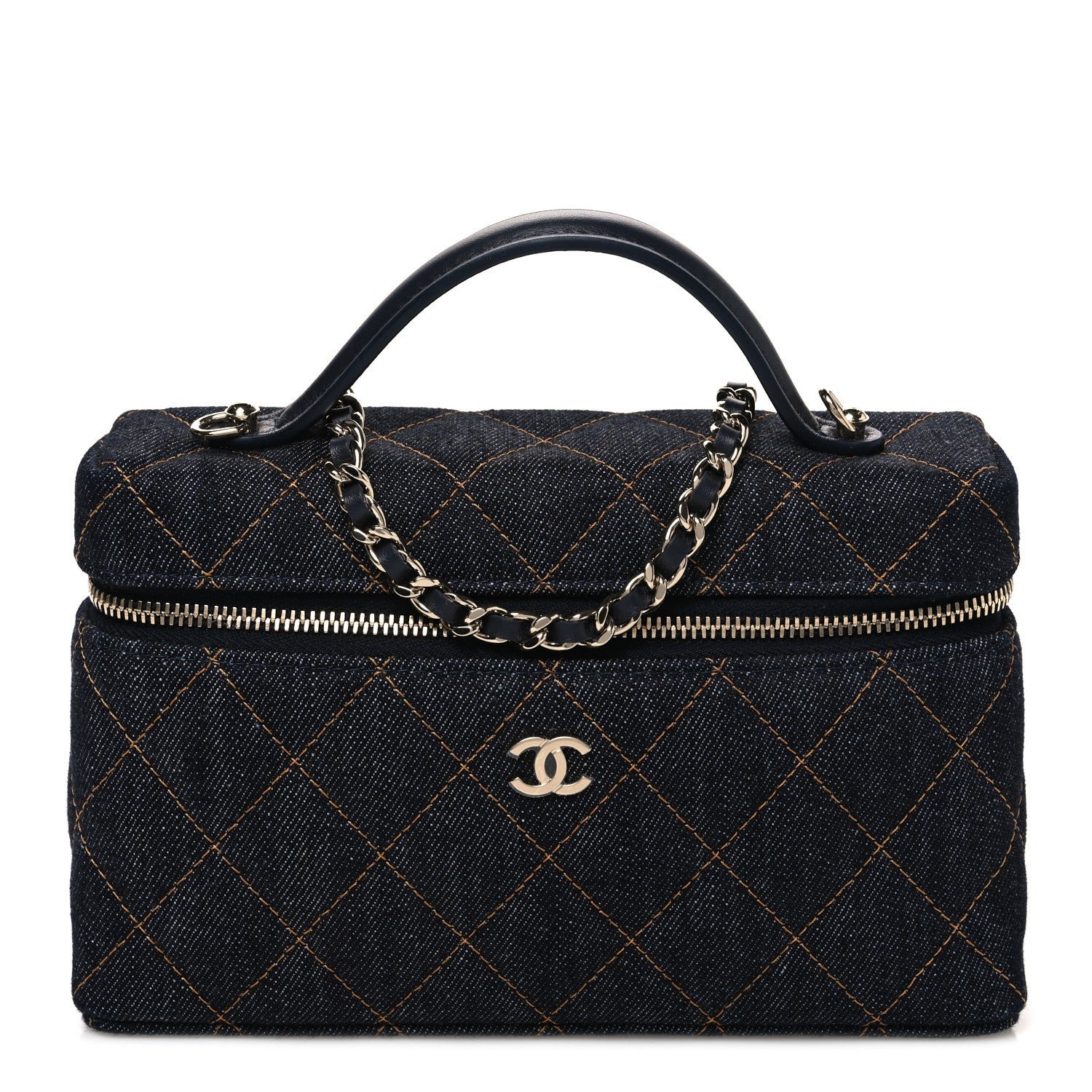Chanel Denim Quilted Top Handle Slim Vanity Case With Chain Dark Blue Orange