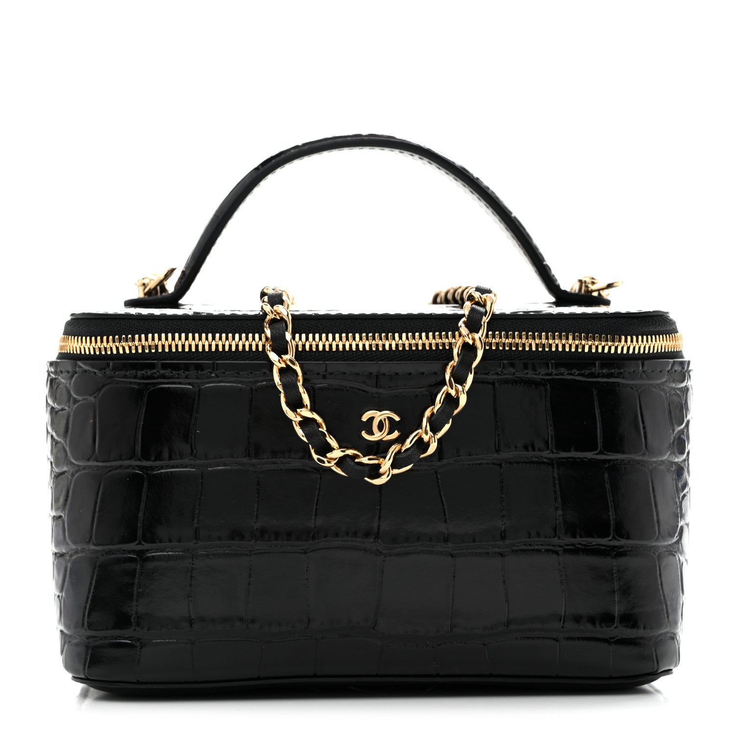 Calfskin Crocodile Embossed Exoticoco Small Top Handle Vanity Case With Chain Black