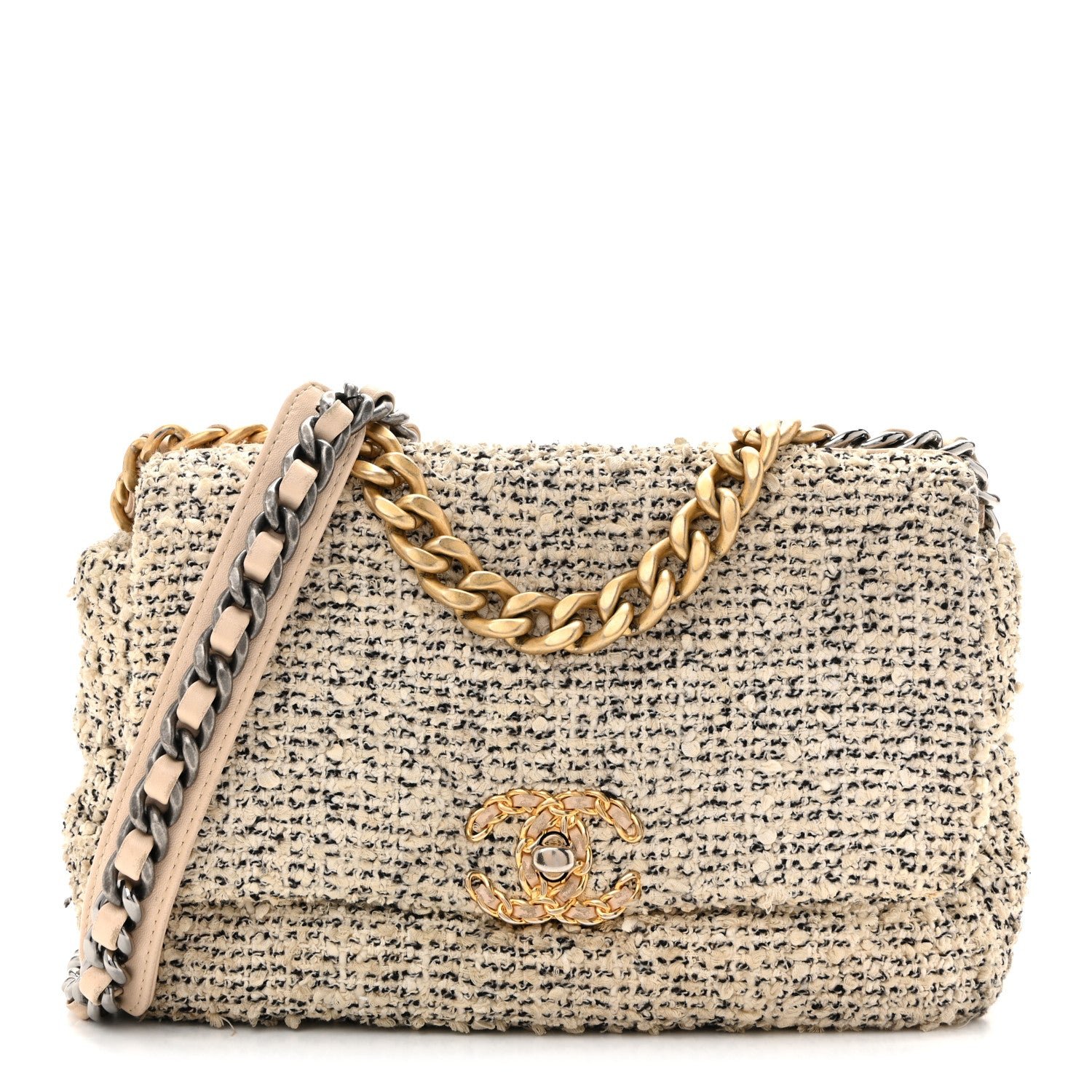 Chanel Tweed Quilted Medium Chanel 19 Flap Ecru Black