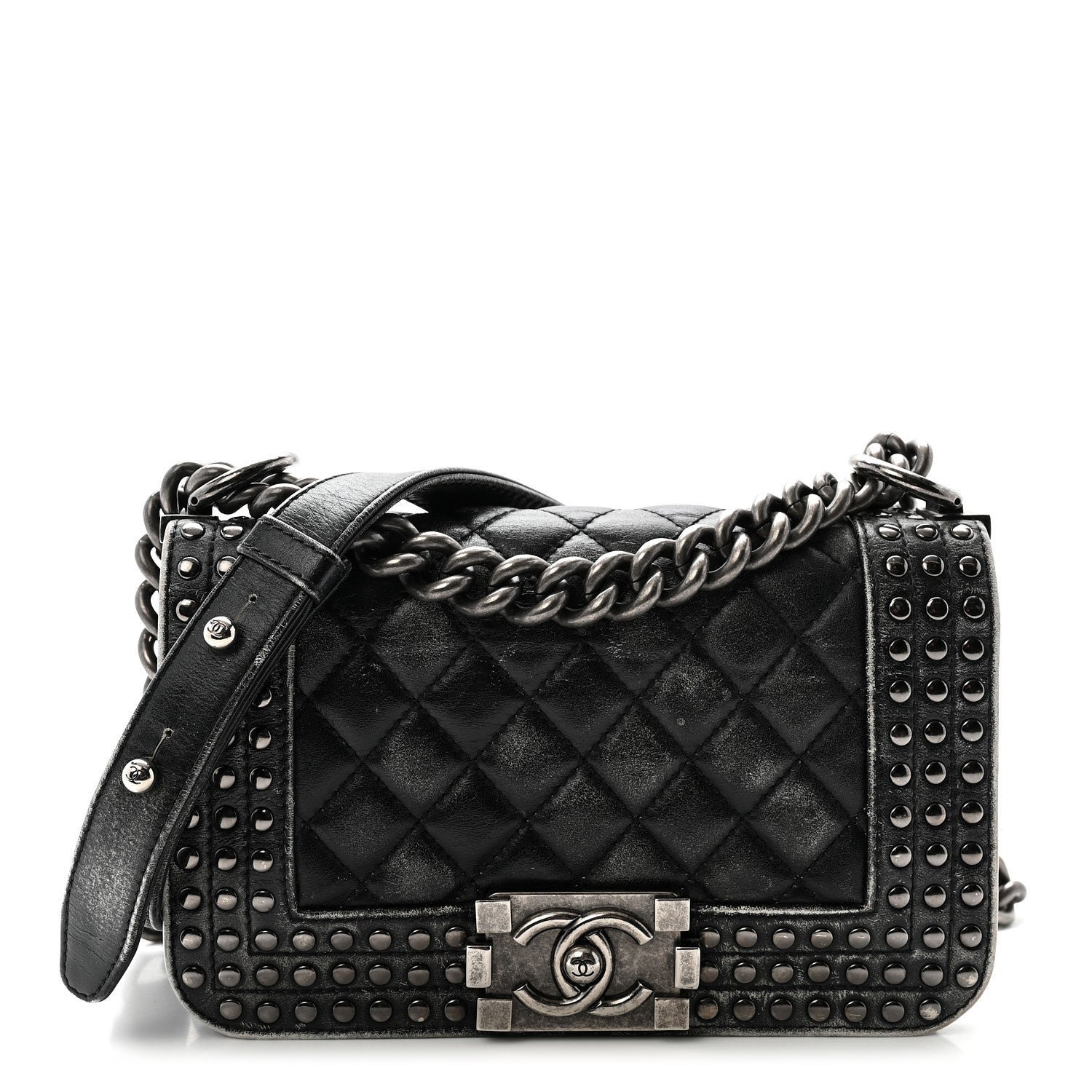 Chanel Faded Calfskin Quilted Small Studded Boy Flap Grey