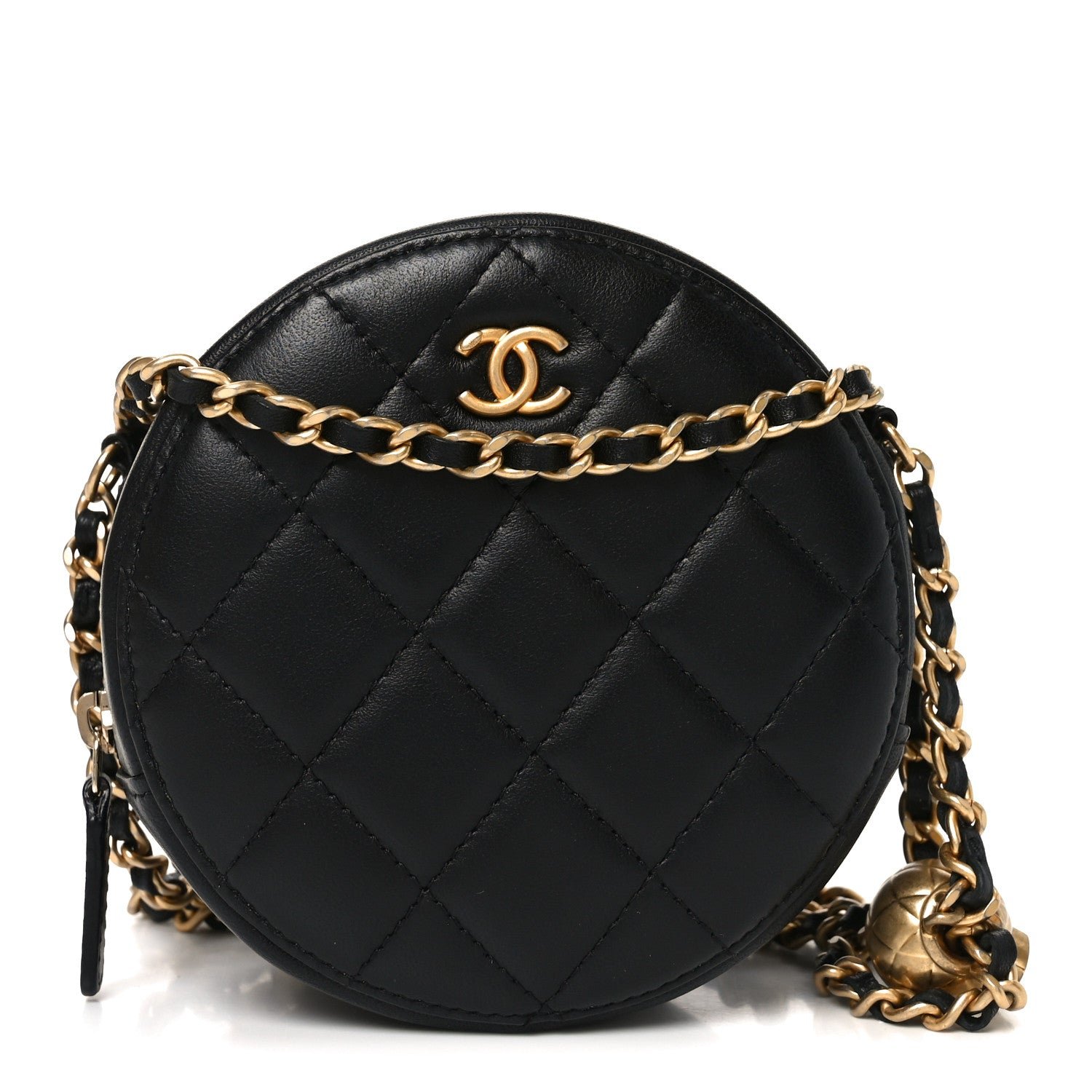 Chanel Lambskin Quilted Round Pearl Crush Clutch With Chain Black