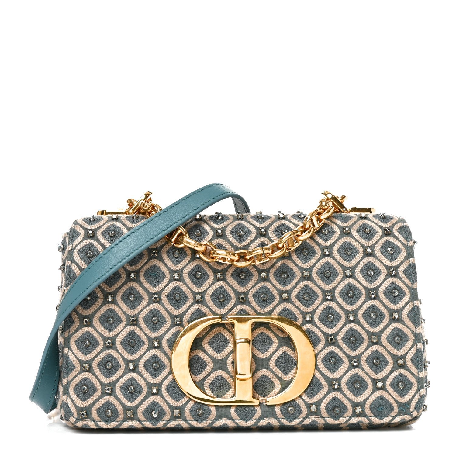 Christian Dior Calfskin Strass Embroidered Small Caro Bag Blue