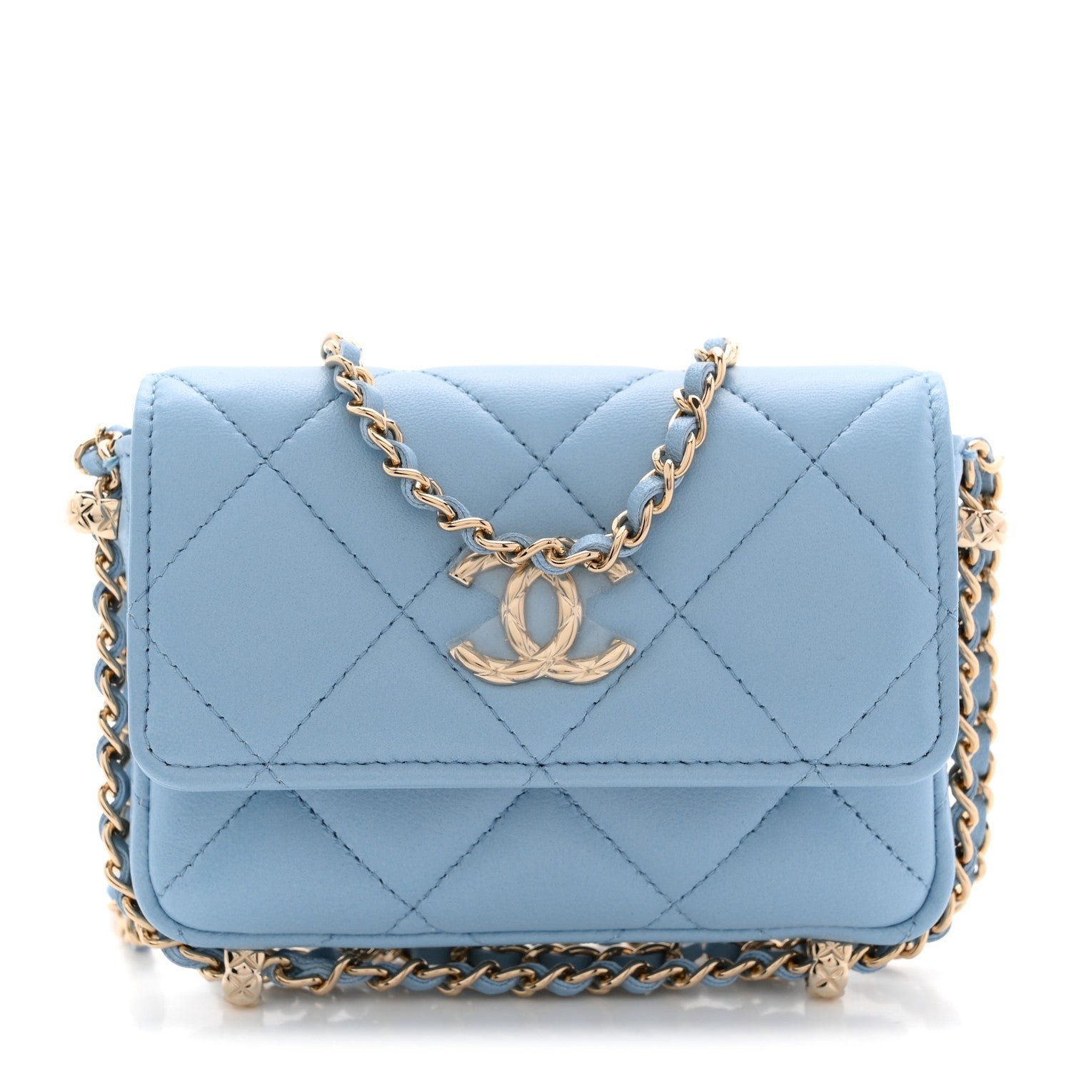 Chanel Lambskin Quilted Chain Around Coin Purse With Chain Light Blue