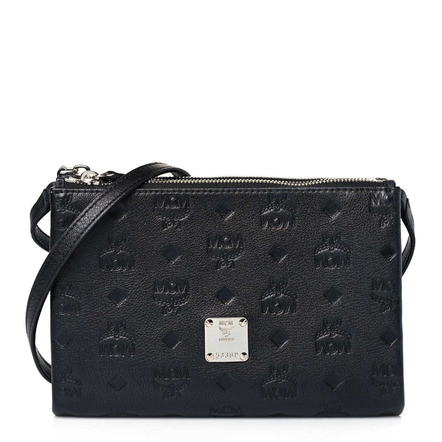 MCM Calfskin Ottomar Monogram Crossbody Zip Messenger Pouch Black