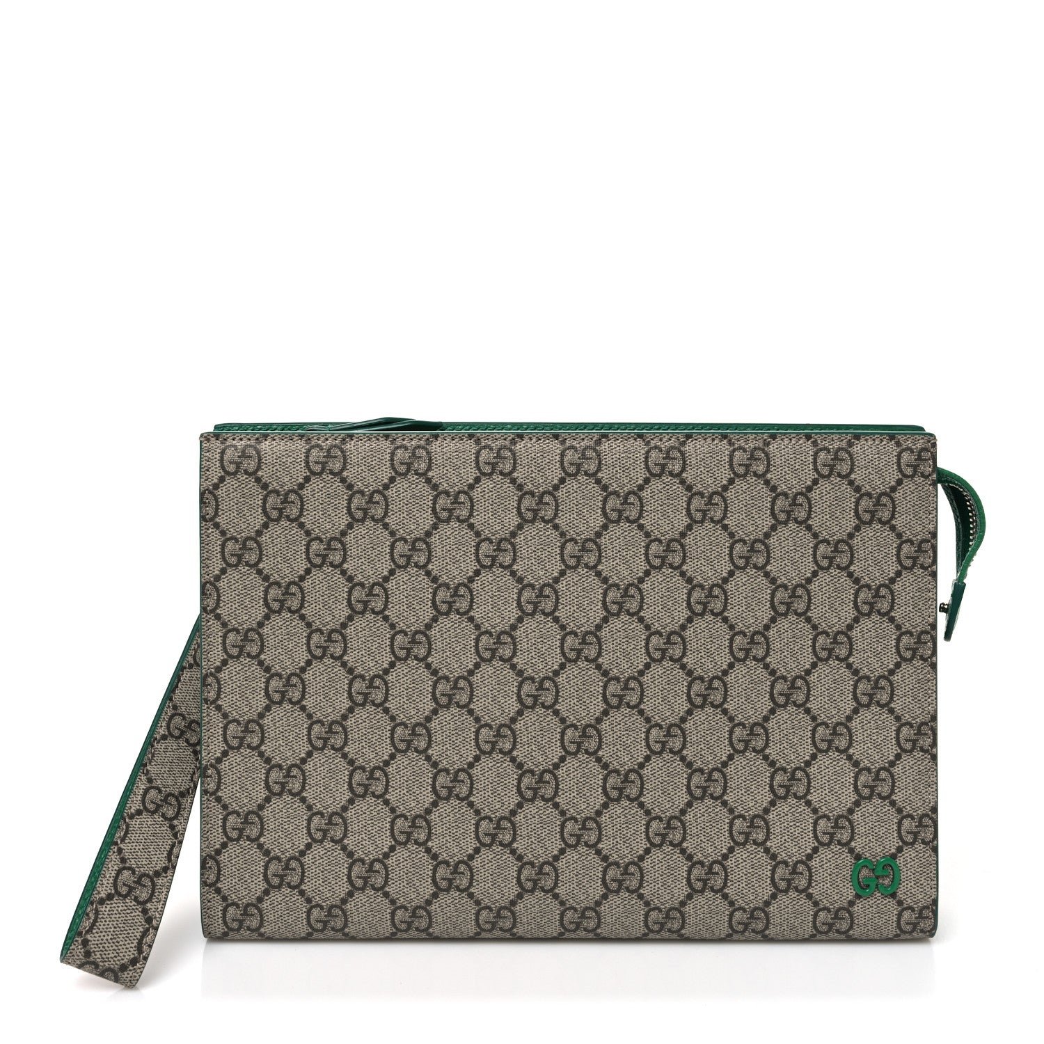 Gucci GG Supreme Monogram Bi-Color Small Zip Wristlet Pouch Beige Ebony Green