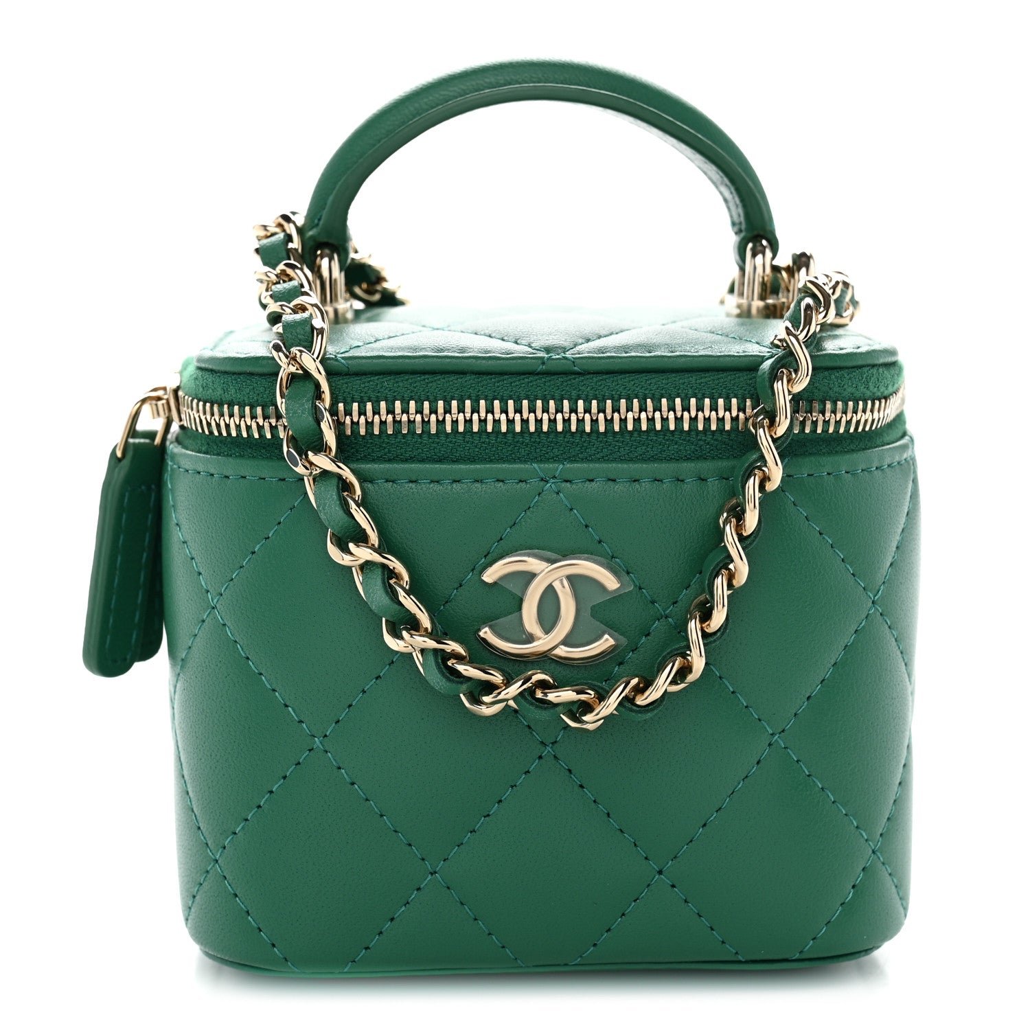 Chanel Lambskin Quilted Top Handle Mini Vanity Case With Chain Green