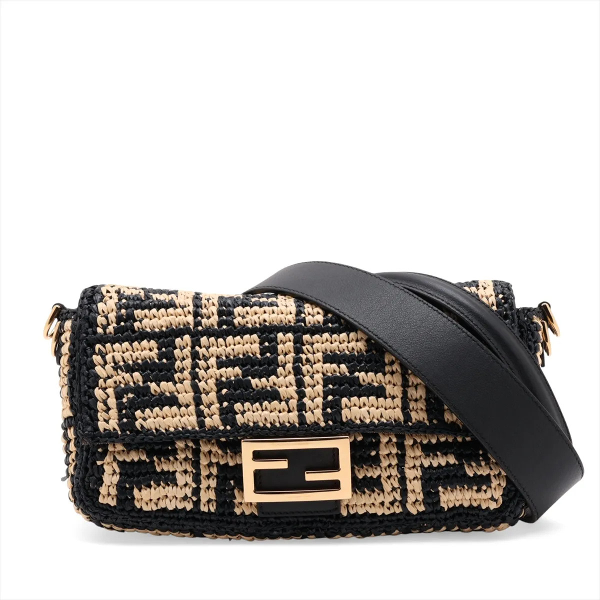 Fendi ZUCCa Mamma Baguette 8BR600 Raffia x leather 2 Way Shoulder Bag Black x Be