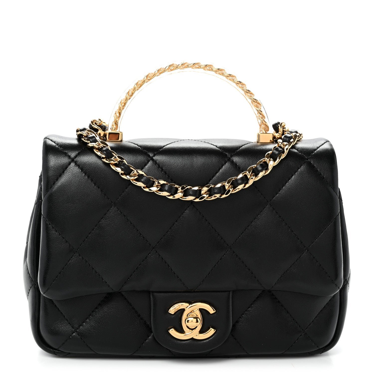 Chanel Lambskin Resin Quilted Top Handle Flap Black