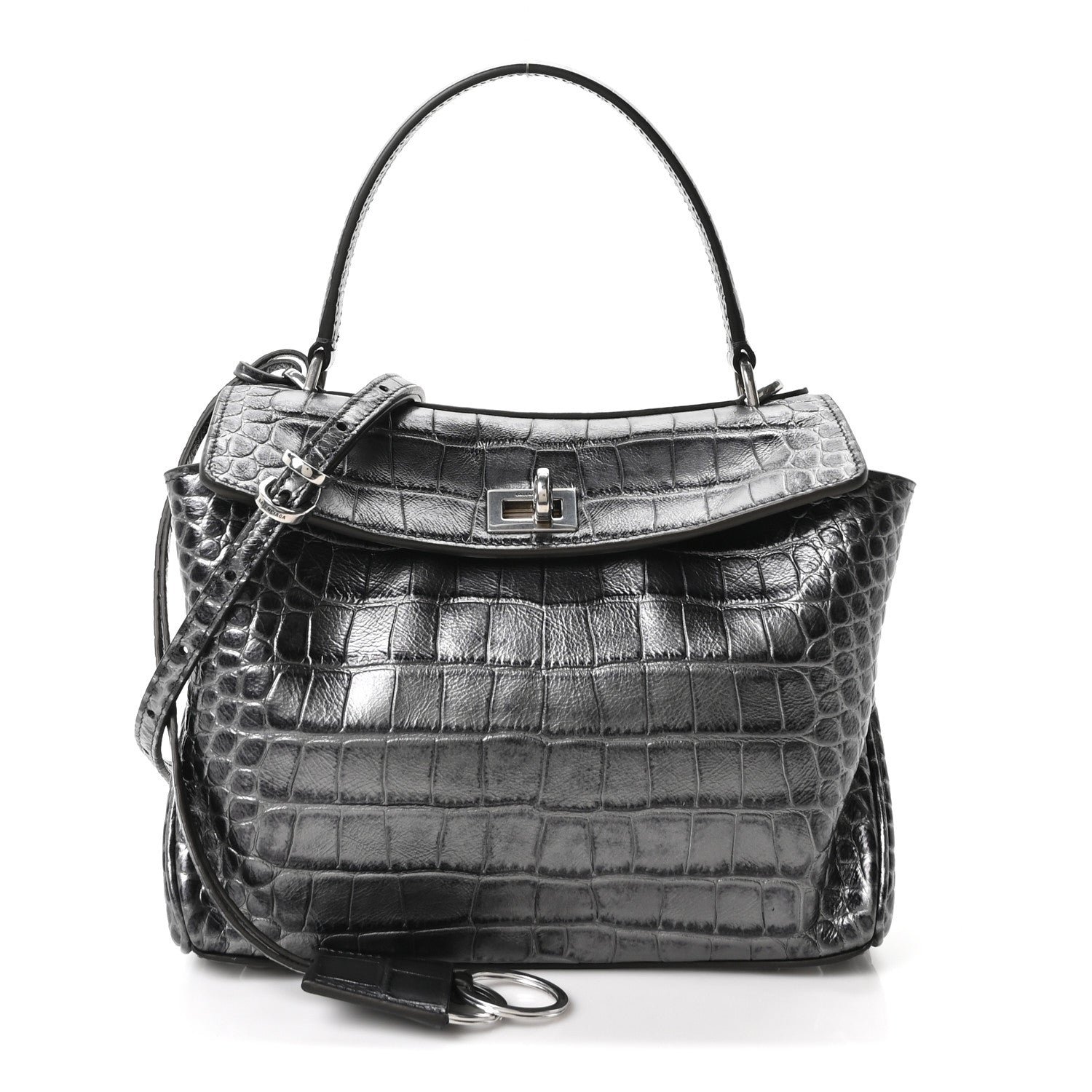 Balenciaga Metallized Calfskin Crocodile Embossed Mini Rodeo Top Handle Handbag Gunmetal